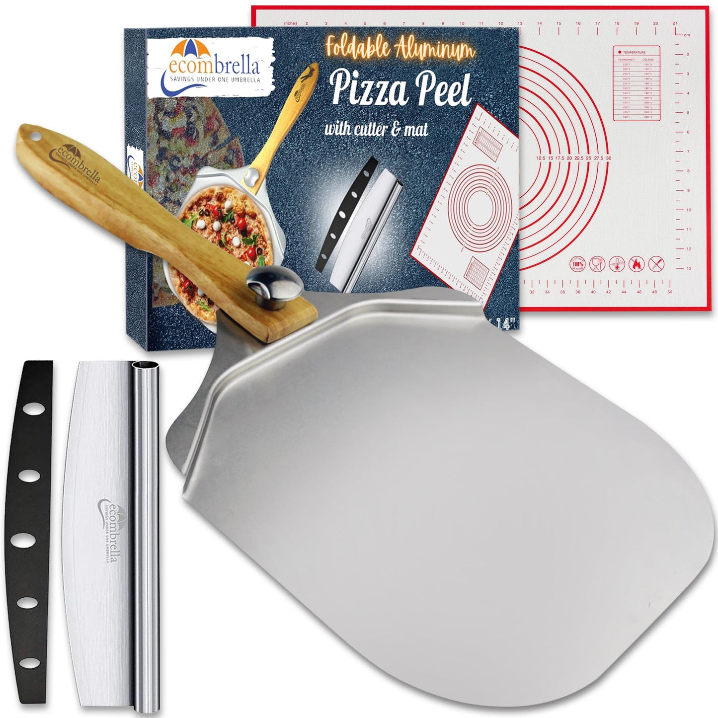 Pizza Peel 12 inch Aluminum with Foldable Wooden Handle | Pizza Rocker Cutter, Pizza Baking Mat | Pizza Peel with Accessories, Tools for Baking