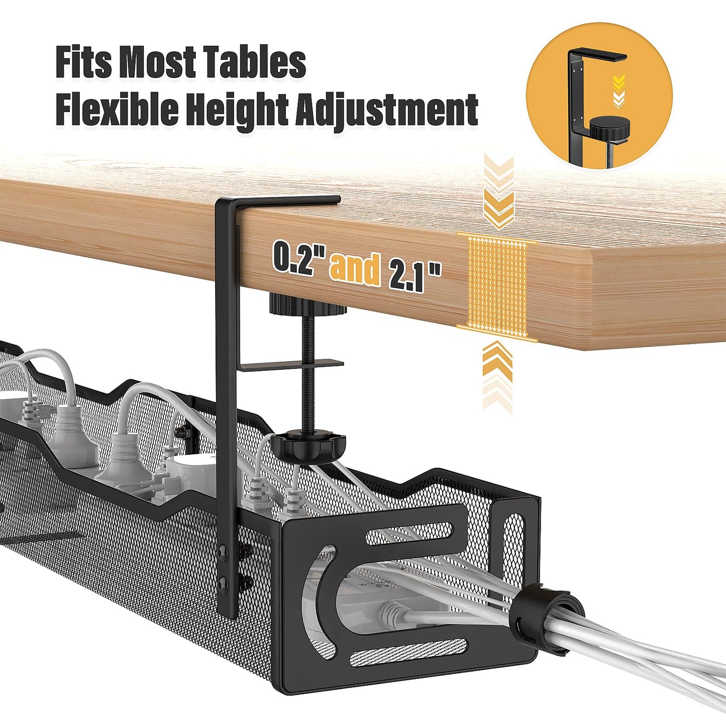 Extended Length Under Desk Cable Management Tray No Drill, Metal Mesh Cable Tray with Clamp for Desk Wire Management, Desk Cable Management Box and Cord Organizer for Office, Home