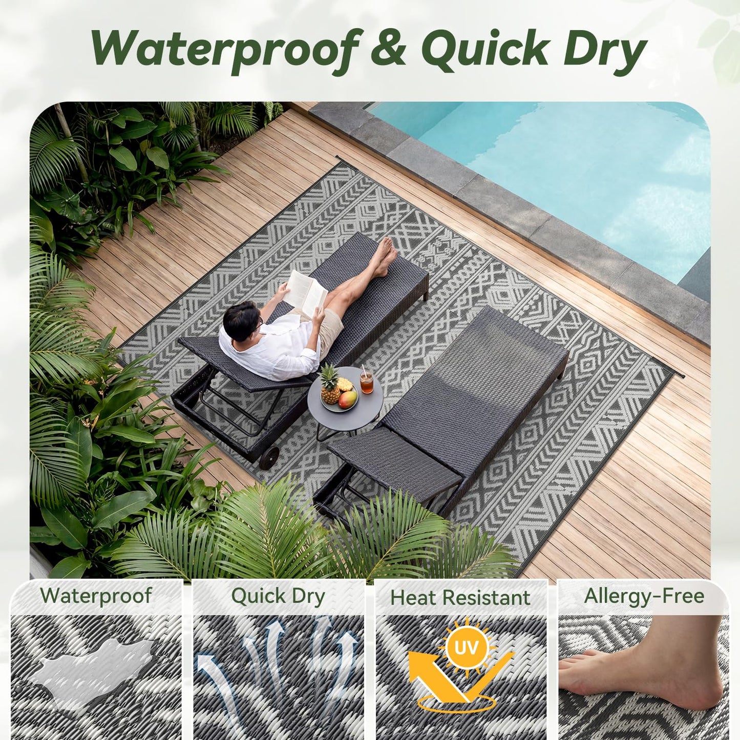 Outdoor Rug 5x8 ft Waterproof Outdoor Carpet-Patio RV Deck Camping Rug Portable Boho Rugs for Outdoor Area Rug Picnic Backyard Porch Beach Mat Grey