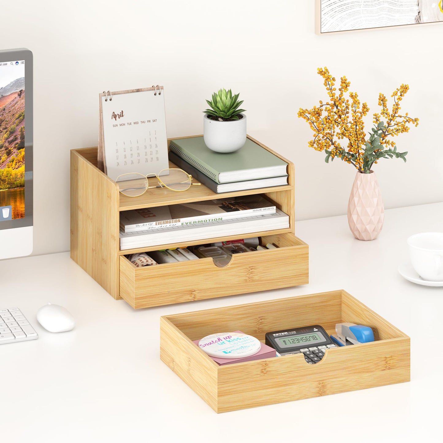 Bamboo Desk Organizer with Drawers Desktop Storage Drawers for Bills Office Supplies Kitchen Utensils Organizing Tool for Home Classroom Organization No Assembly (Nature 2 Drawer)