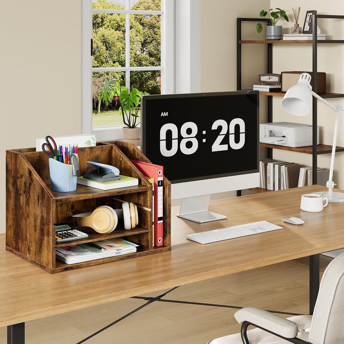 CHOEZON Wooden Desk Organizer with Adjustable Partitions, Multi-Layer Desktop File Holder for Home Office, Paper & Stationery Storage Organizer, Rustic Brown MWJ04FG
