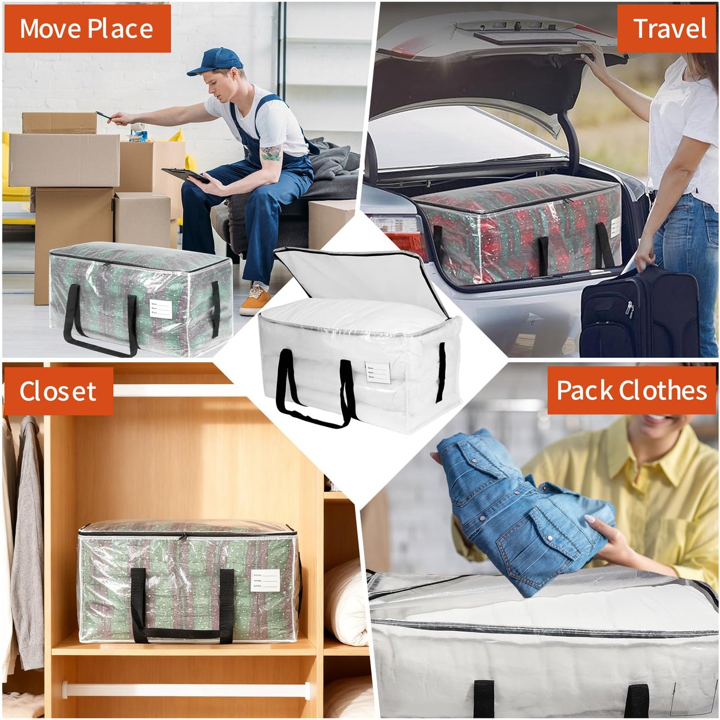 STEUGO 6-Pack Large Moving Bags Heavy Duty, 95L Moving Boxes Alternative Storage Totes with Zipper, Waterproof Packing & Storage Bags for Clothes, College Supplies and Home Organization, Clear