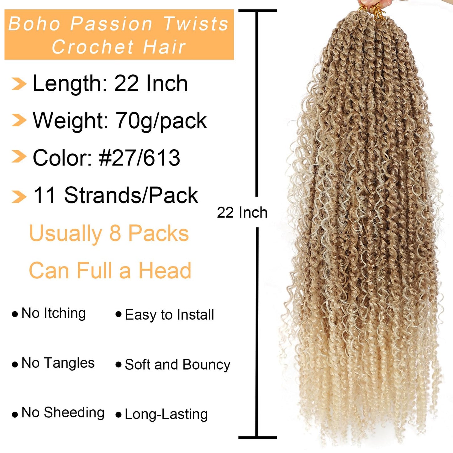 Boho Style Passion Twist Hair 22inch Long Pre-Twisted Crochet Goddess Passion Twist Hair 8Pack Pre Looped Curly Crochet Hair Bohemian Omre Brown Blonde New Passion Twist Crochet Hair fpr Women,T27/613