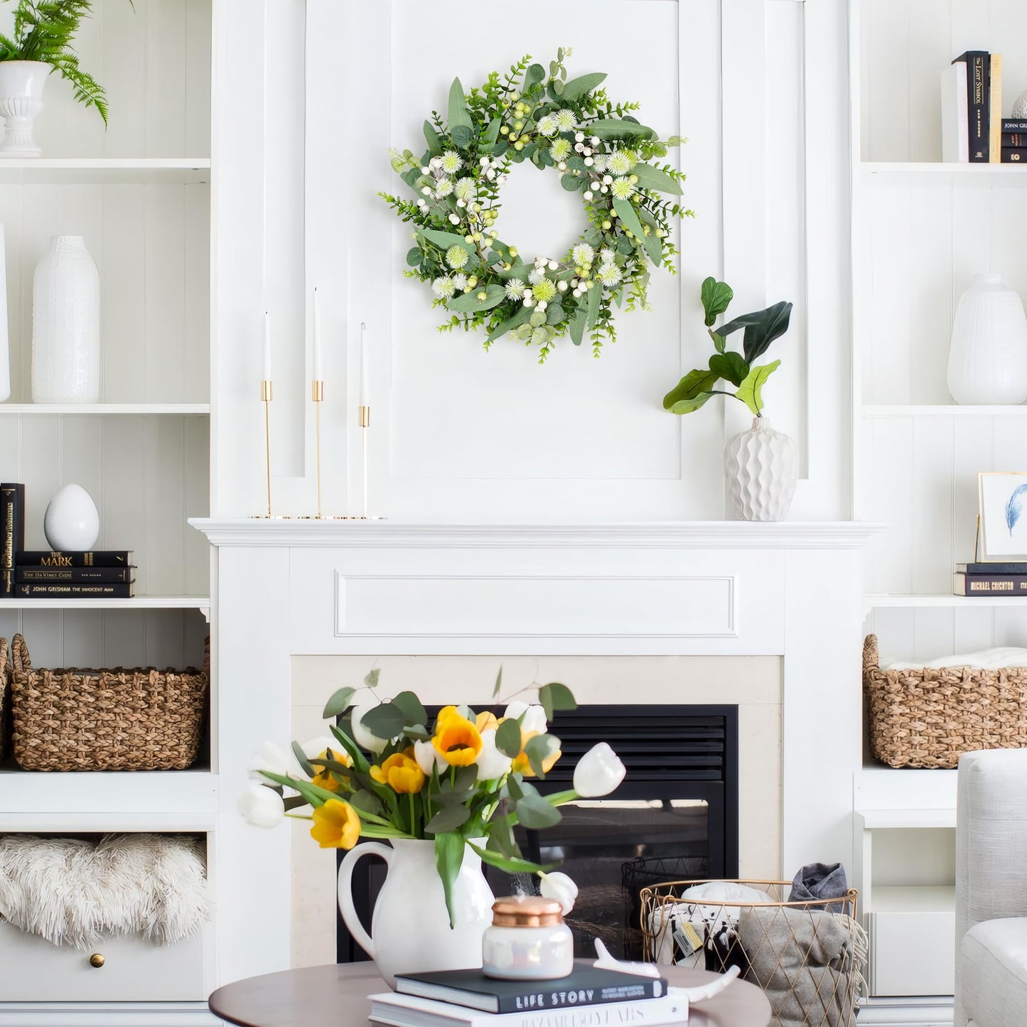 Petalyn Eucalyptus Wreaths for Front Door, 20 Inch Green Wreath with Faux Dandelion, Boxwood, Berries, Spring Summer All Season Artificial Wreath Decoration for Farmhouse Wall Indoor Outdoor Hanging