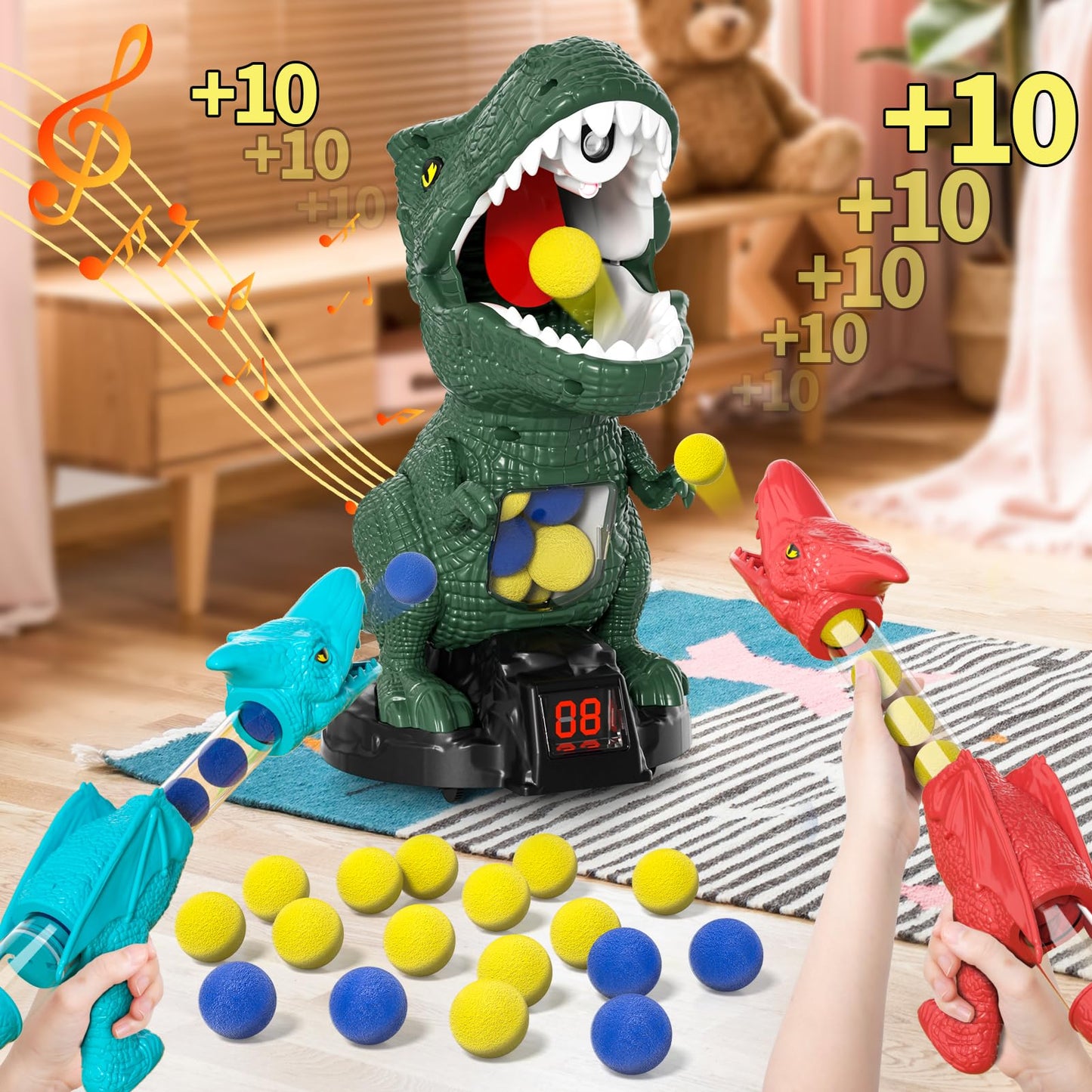 BLmukce Dinosaur Movable Shooting Toys for Kids, 2 Air Pump Launchers, Electronic Kids Target Games, LCD Score Record, Light & Sound, 48 Foam Balls, Competition Game Gift for Boys 3-5 Years Old