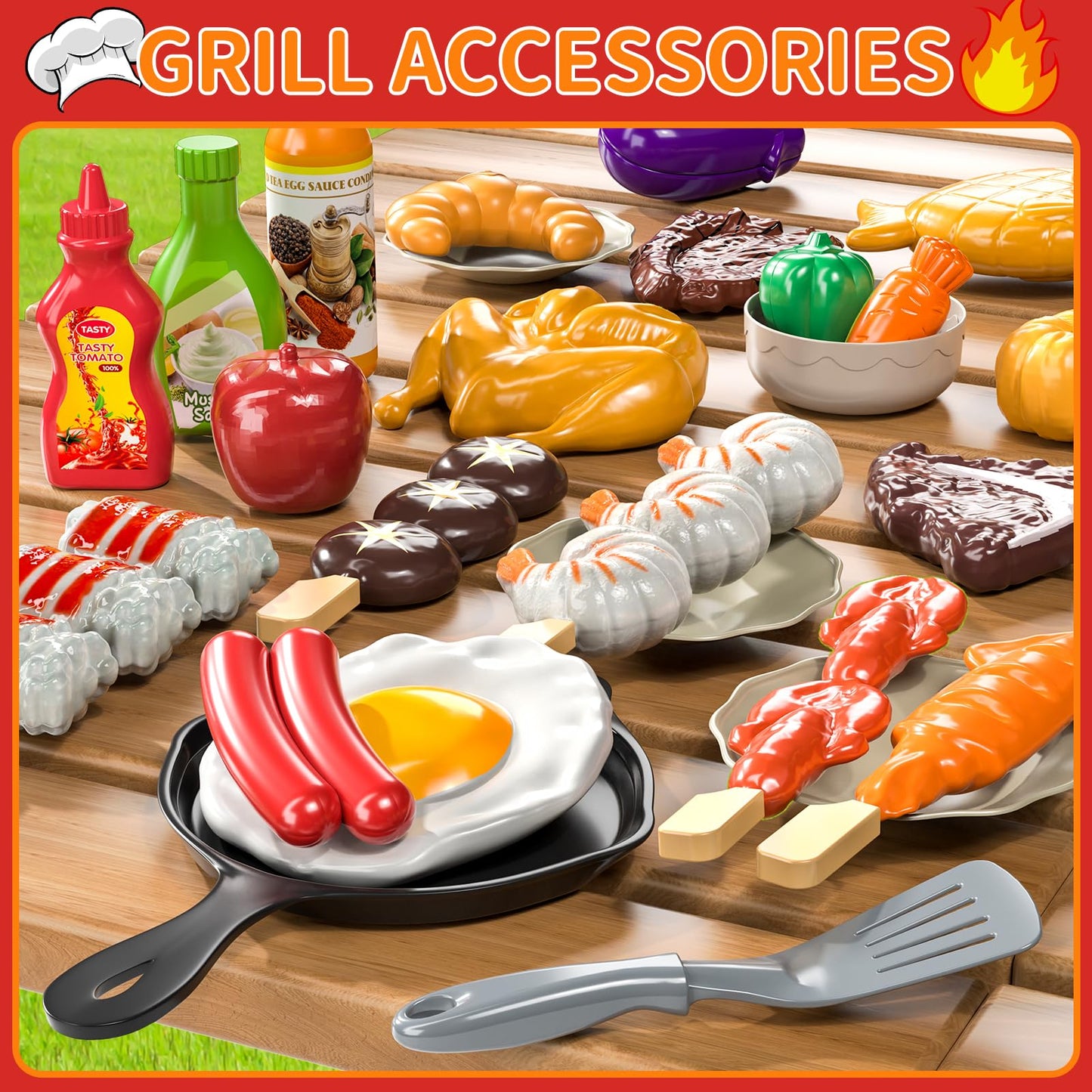 Blmukce Kids Grill Playset, 2-Layer BBQ Play Kitchen Set for Toddlers 3-5 with Smoke, Sound & Light Interactive Outdoor Kitchen Cooking Toy Grill Christmas Birthday Gift for 4 5 6 Years Old Boys Girls