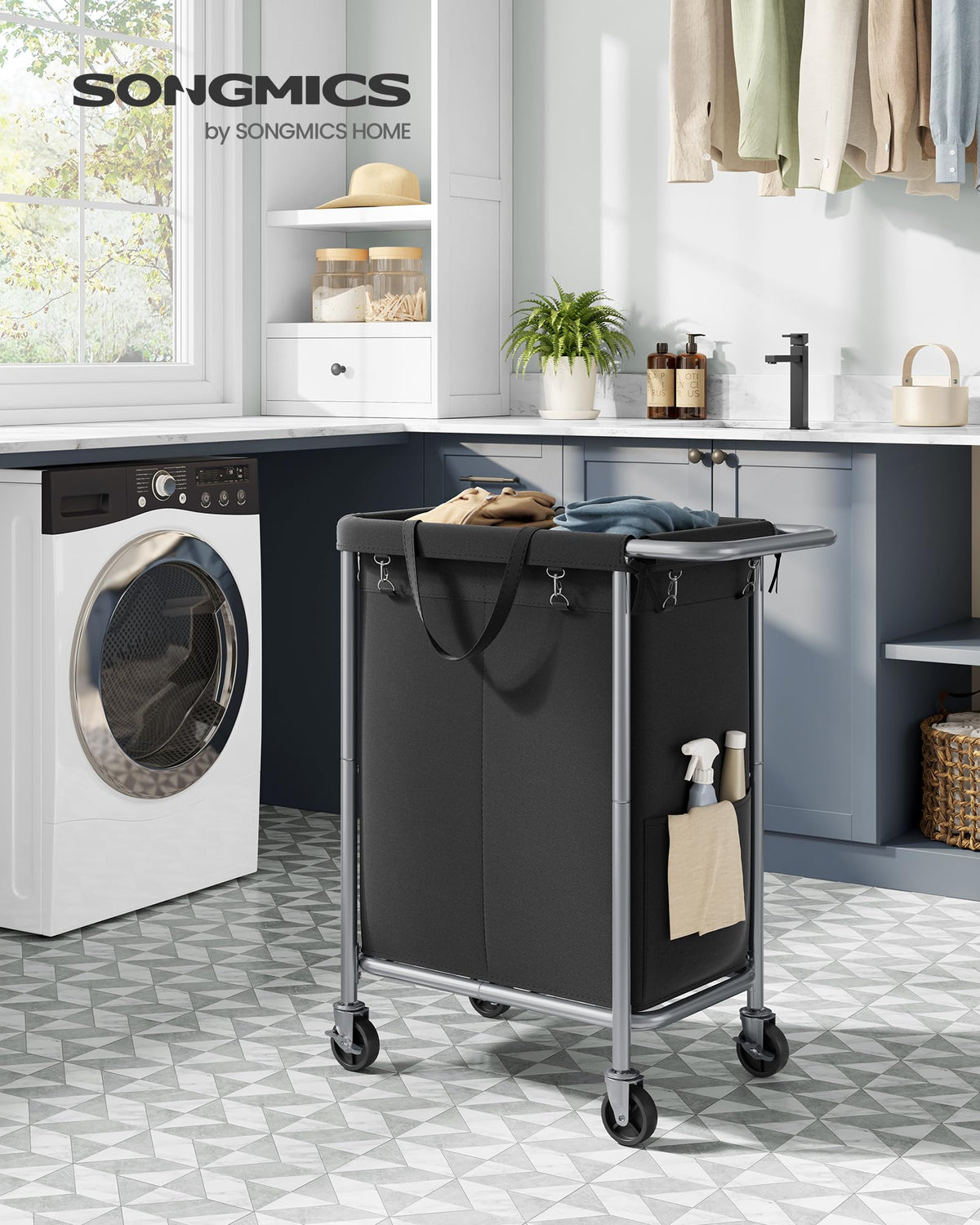 SONGMICS Laundry Basket with Wheels, 2-Section Rolling Laundry Hamper, 37 Gallons (140 L), Removable Liner, Steel Frame with Handle, 69 x 39 x 81 cm, Ink Black URLS004B01