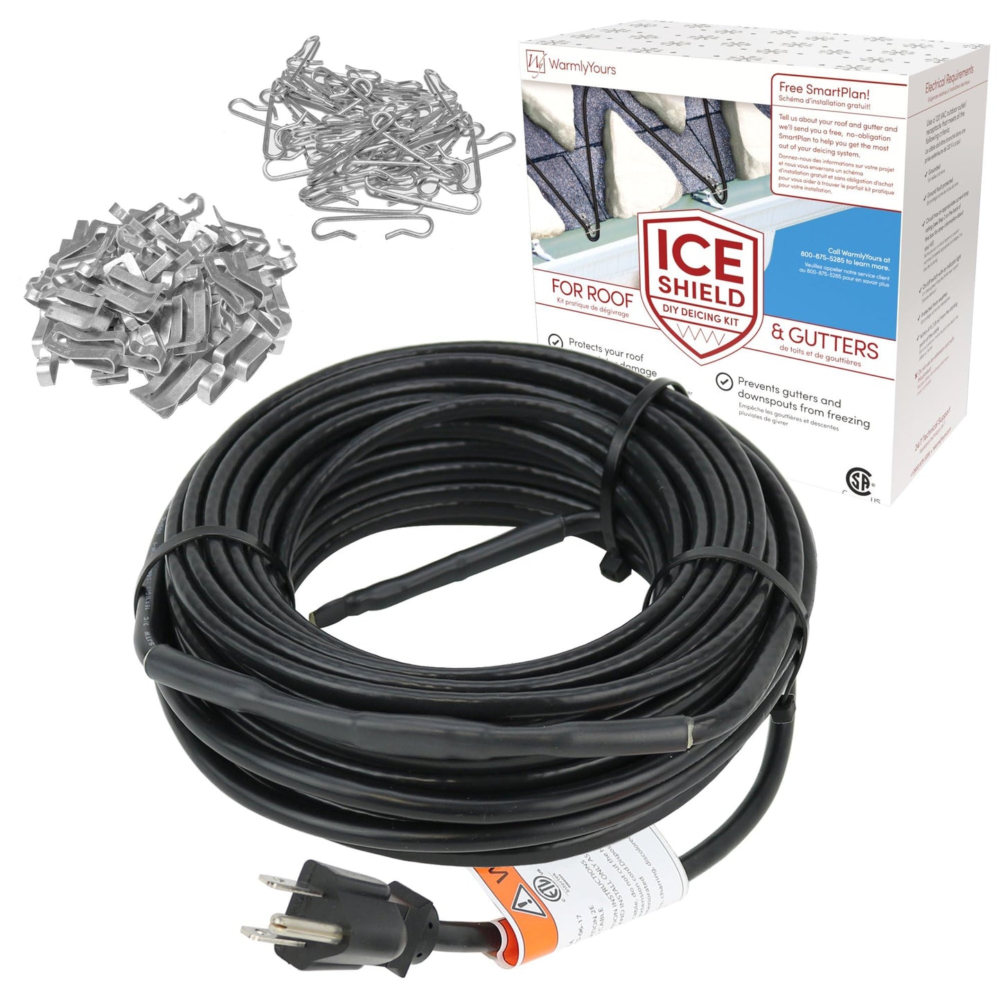 WarmlyYours Roof Snow De-Icing Heat Cable 30 ft., 5 Watts/ft. Heat Tape for Roof and Gutters, Ice Dam and Snow Damage Prevention System with Clips and Spacers (Ice Shield)