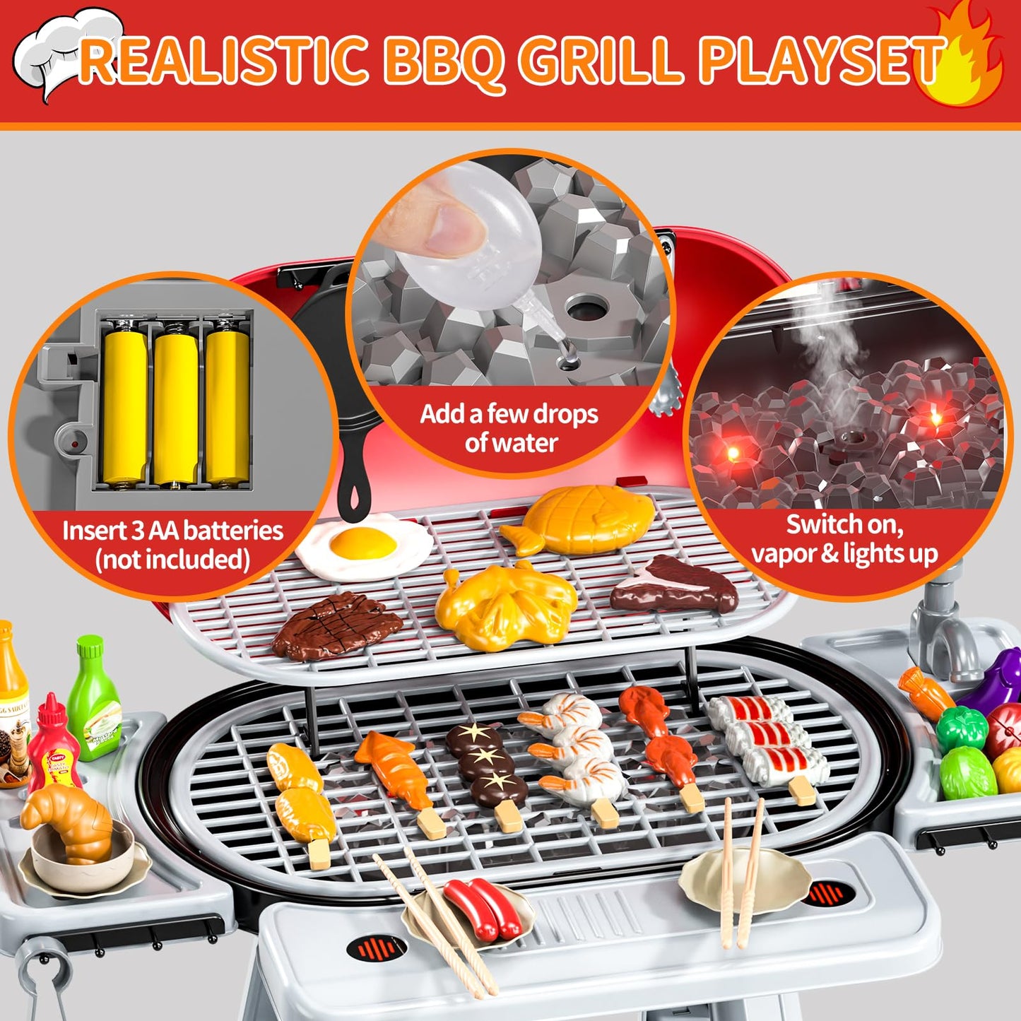 Blmukce Kids Grill Playset, 2-Layer BBQ Play Kitchen Set for Toddlers 3-5 with Smoke, Sound & Light Interactive Outdoor Kitchen Cooking Toy Grill Christmas Birthday Gift for 4 5 6 Years Old Boys Girls