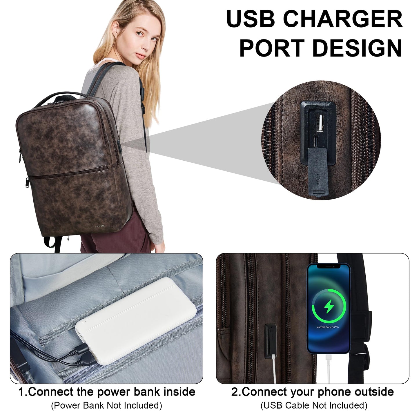 Vegan Leather Laptop Backpack for Women&Men,16 Inch Expandable Backpack with USB Charging Port,Two-toned Coffee