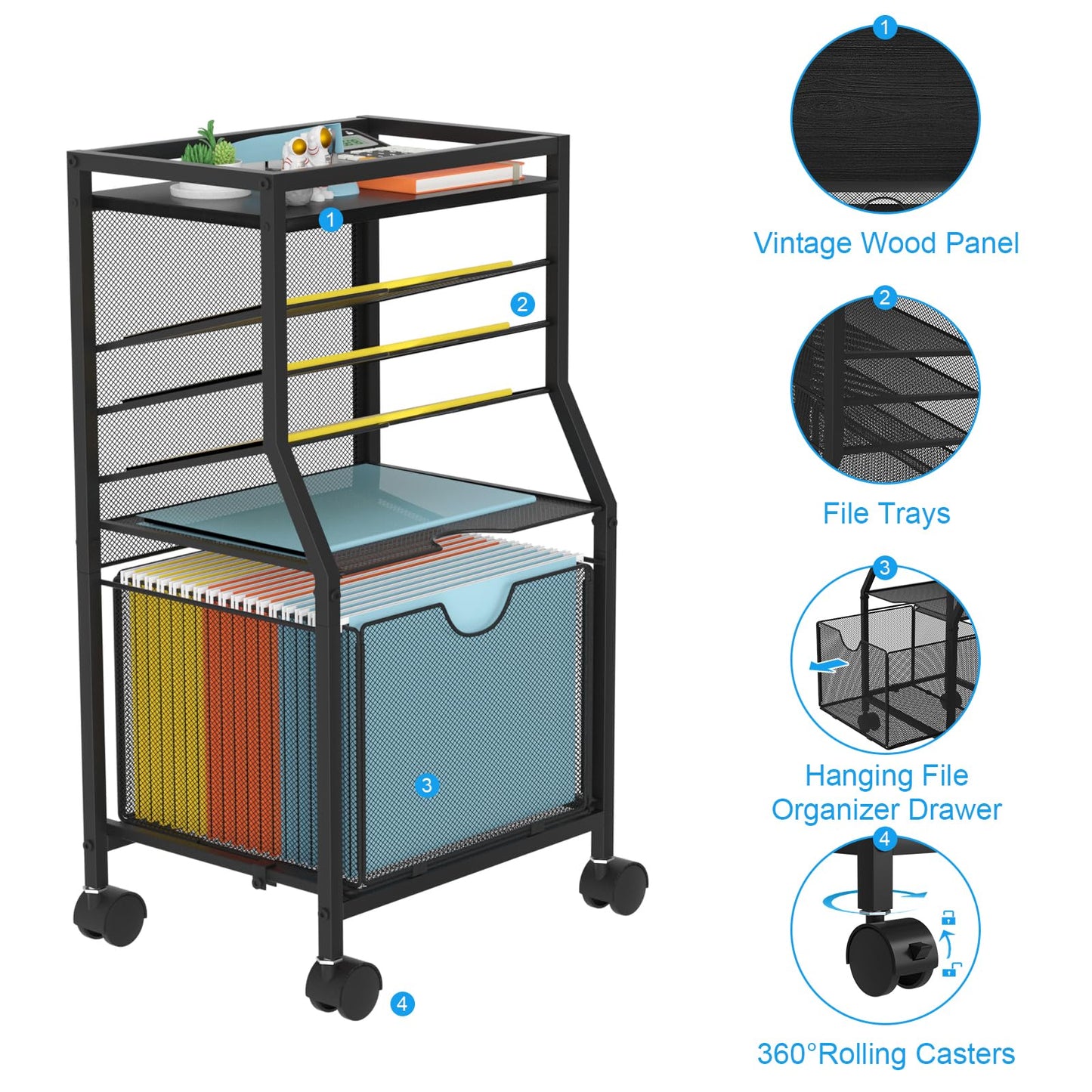 BOHDK Rolling File Cart, 6-Tier Under Desk Organizer on Lockable Wheels, Black Wood Planks & Mesh File Cart with Sliding Drawer and Paper Trays for Office Home School, Black Board