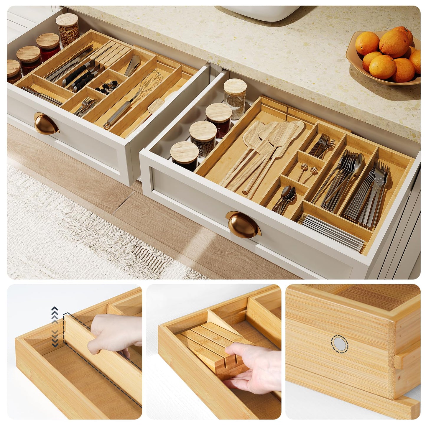 HO0BRO Large Silverware Organizer Kitchen Drawer Organizer, Magnetic Connected Expandable Utensil Organizer From 58 to 90 cm, Bamboo 16 Slots Cutlery Tray with Knife Holder, Natural YL07TL01