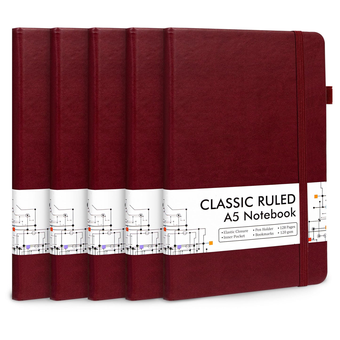 5 Pack Notebooks Journals Bulk with 5 Black Pens, Feela A5 Hardcover Notebook Classic Ruled Lined Journal Set with Pen Holder for School Business Journaling Note Taking, 120 GSM, 5.1”x8.3”, Wine