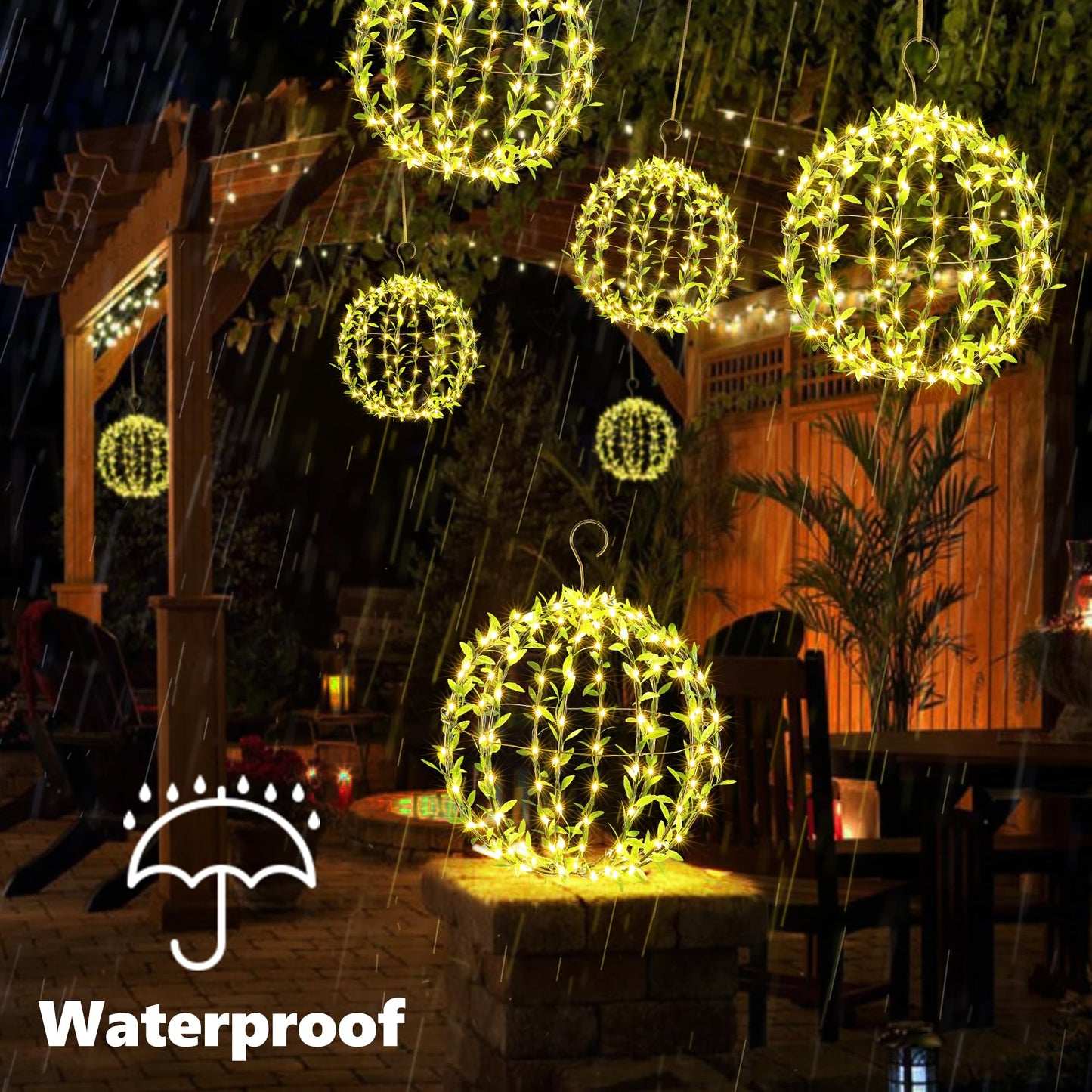 Joomer Solar Hanging Ball Lights Outdoor, 2-Pack 13in + 11in Total 264 LED Solar Globe Lights, 8 Modes Waterproof Metal Sphere Lights with Hooks for Patio Garden Decor - Warm White