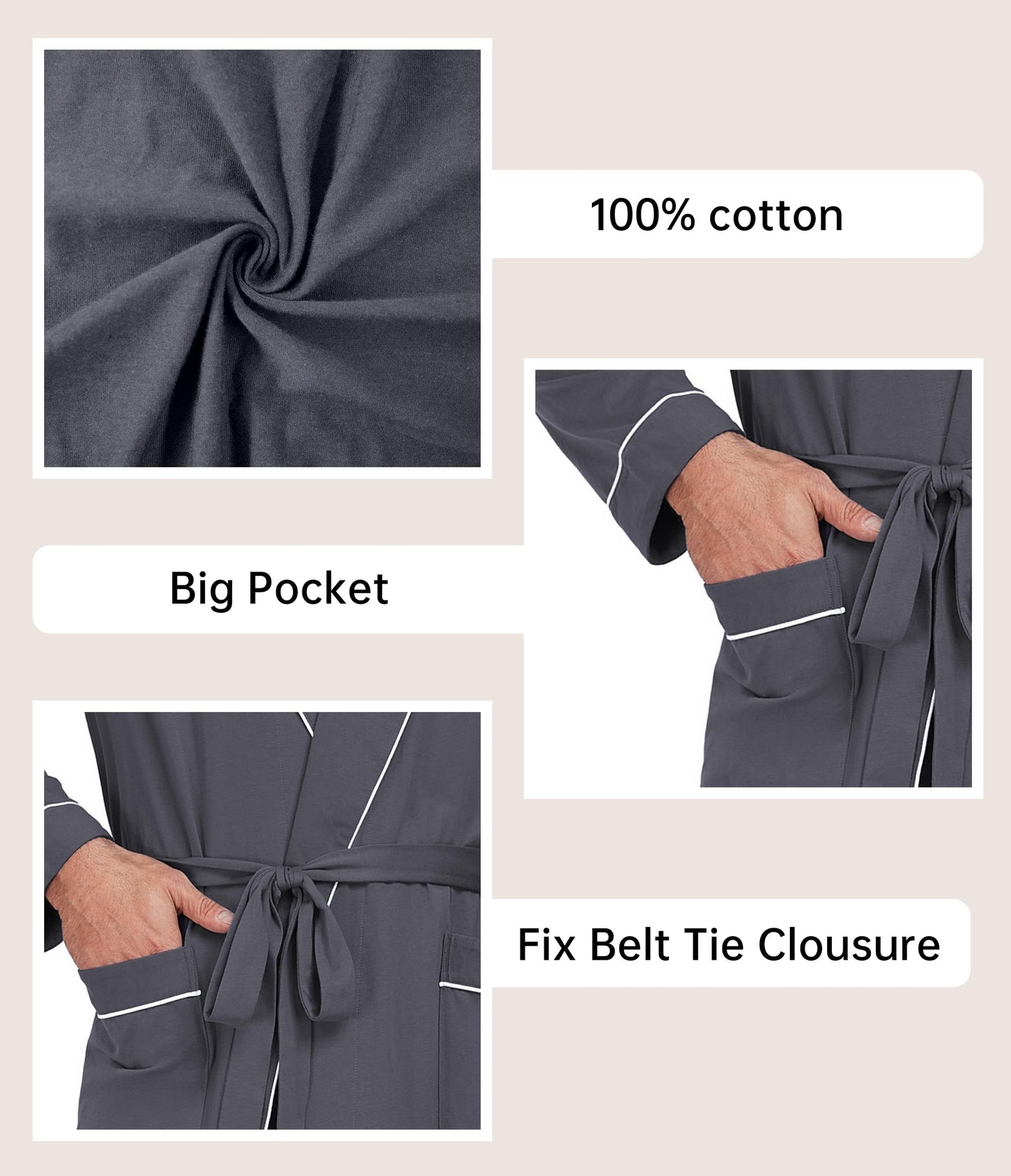 COLORFULLEAF Mens 100% Cotton Robes Lightweight Summer Long Bathrobe Sleepwear Soft Knit Spa Robe with Pockets, Iron Grey, XX-Large