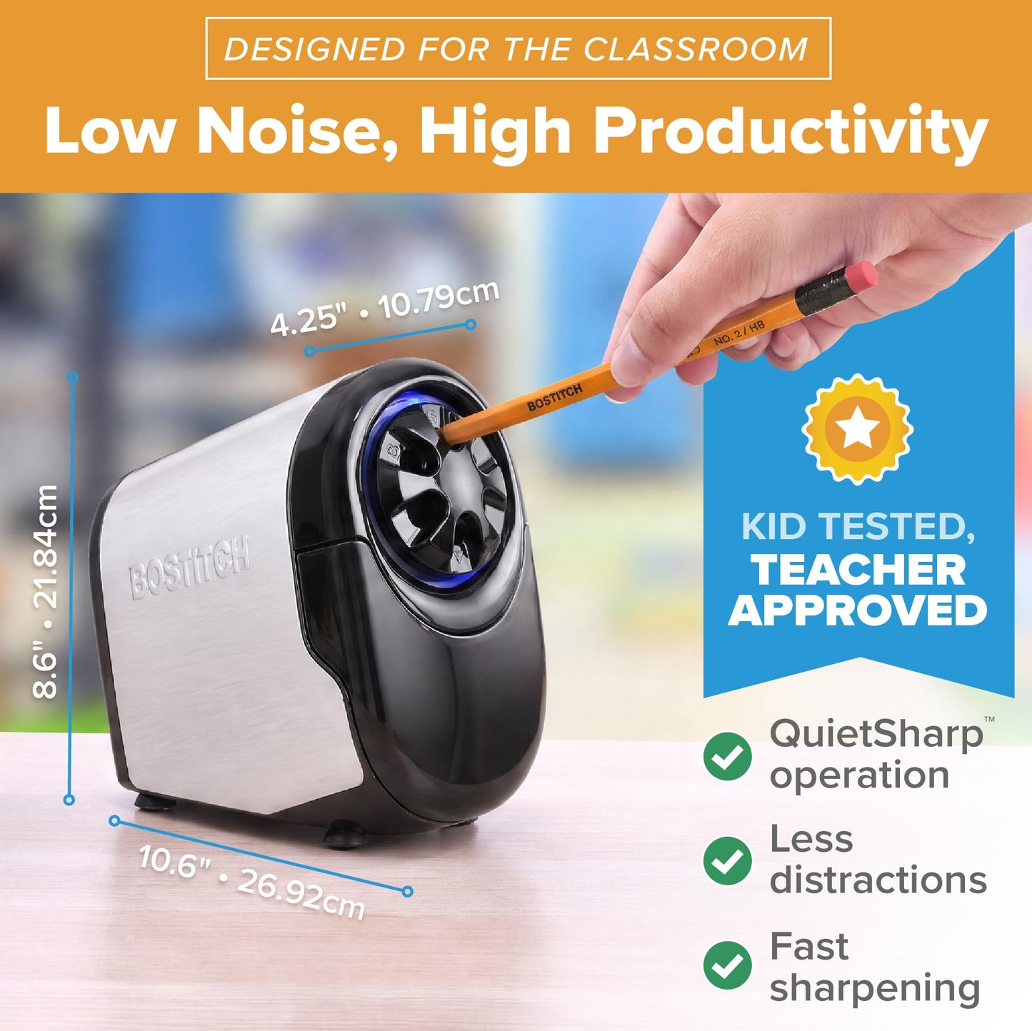 Bostitch Office QuietSharp Glow Extra Heavy Duty Classroom Electric Pencil Sharpener with Replaceable Cutter Cartridge System, Silver/Black (EPS11HC)