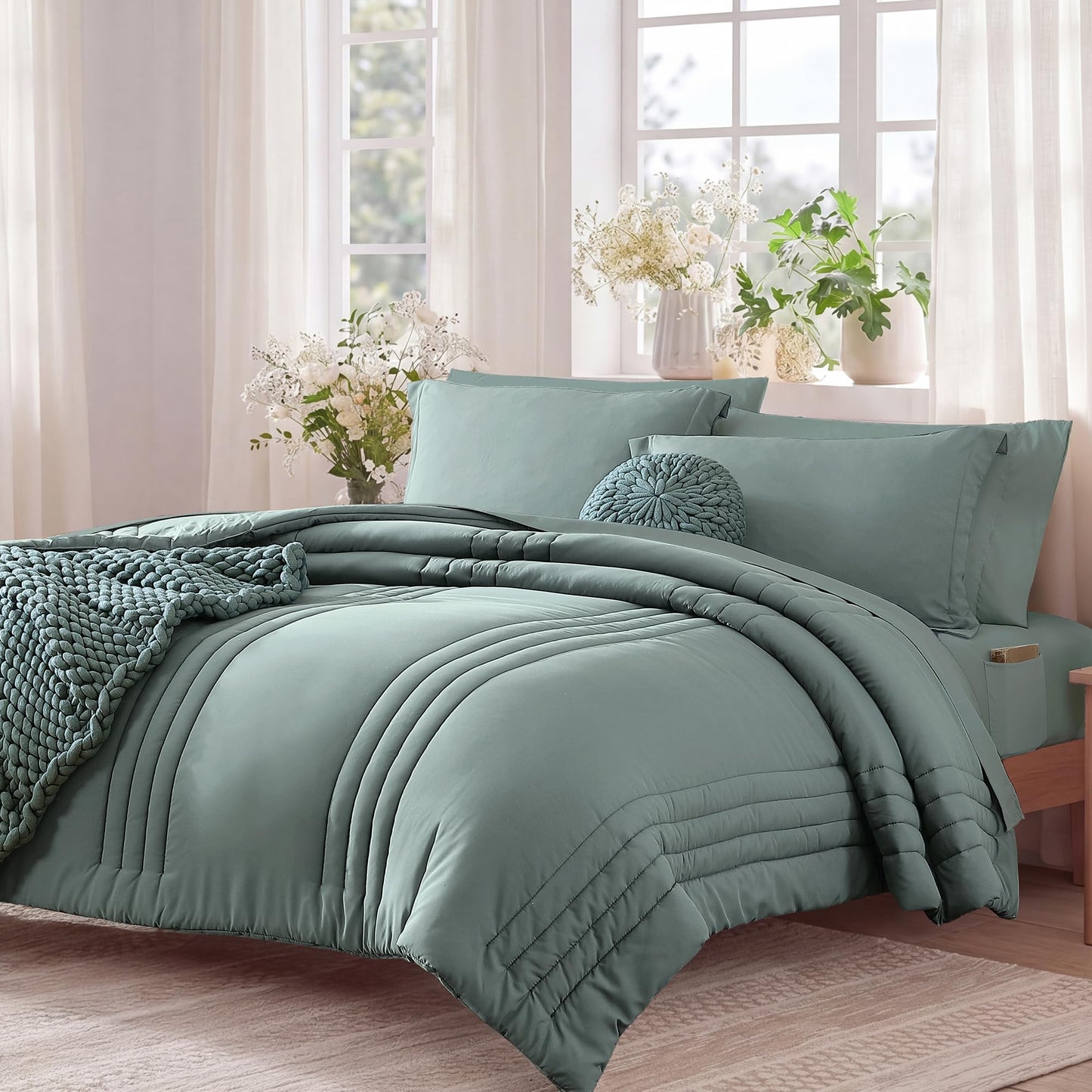 Monbix Queen Comforter Set - 7 Pieces Sage Green Bed in a Bag Queen Bedding Sets with Comforters, All Seasons Down Alternative Comforter Bed Set with Sheets,Pillowcases & Shams