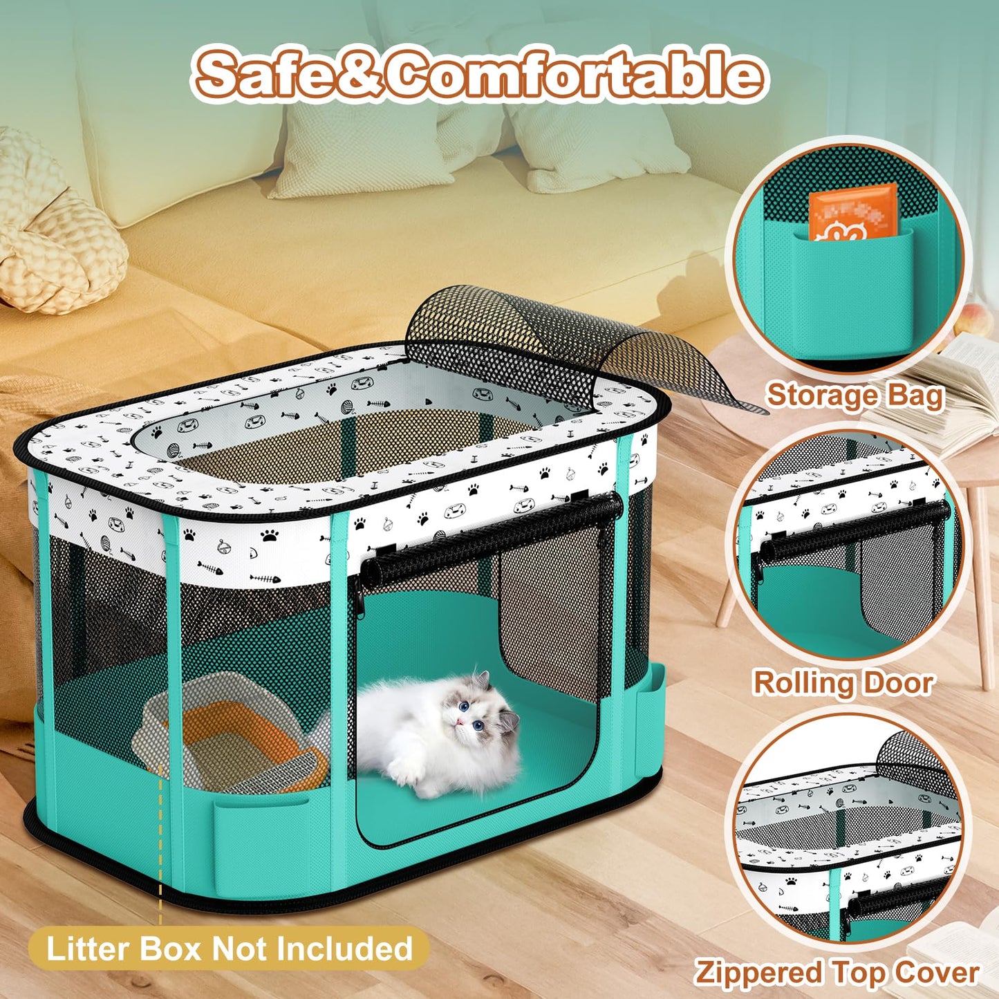 DESELL Portable Cat Playpen, 8-Rod Reinforced Kitten Dog Playpens, Foldable Play Pen for Indoor Cats Enclosed Pet Puppy Doggy Outdoor, Collapsible Tent Kennel Cage House(32"x24"x22")