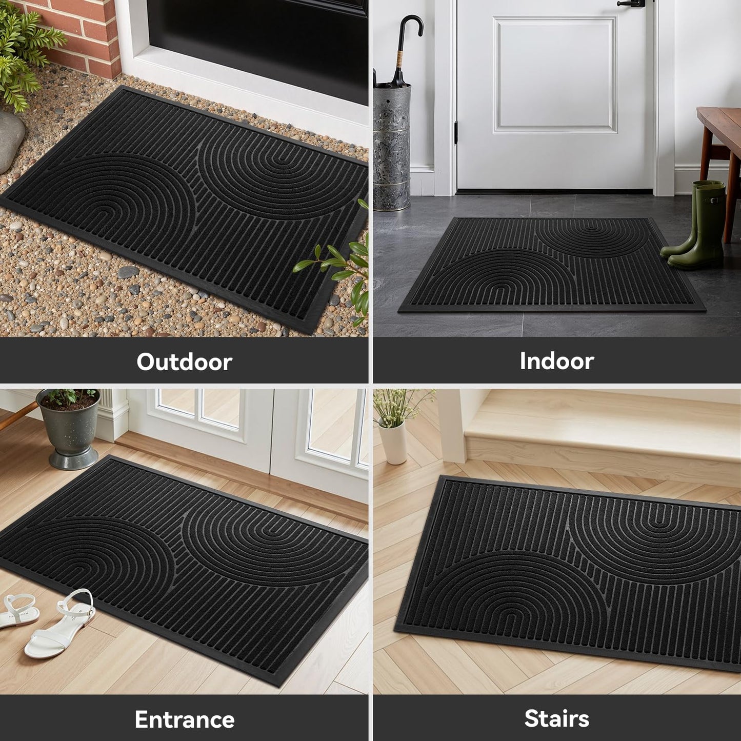 Front Door Mat Outdoor Mat Indoor Doormat for Entrance Mat Entryway Rug Heavy Duty Non Slip Rubber Absorbent Entry Rug Dirt Scraping Shoe Mat 60x90cm Black