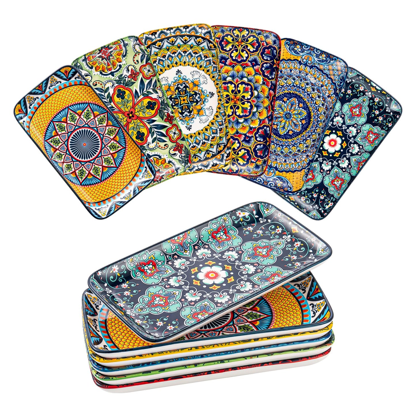 HENXFEN LEAD 10 Inch Rectangular Dinner Plates Set of 6 – Colorful Boho Design Porcelain Plates for Salad, Appetizer, Sushi & Dessert – Microwave, Oven & Dishwasher Safe