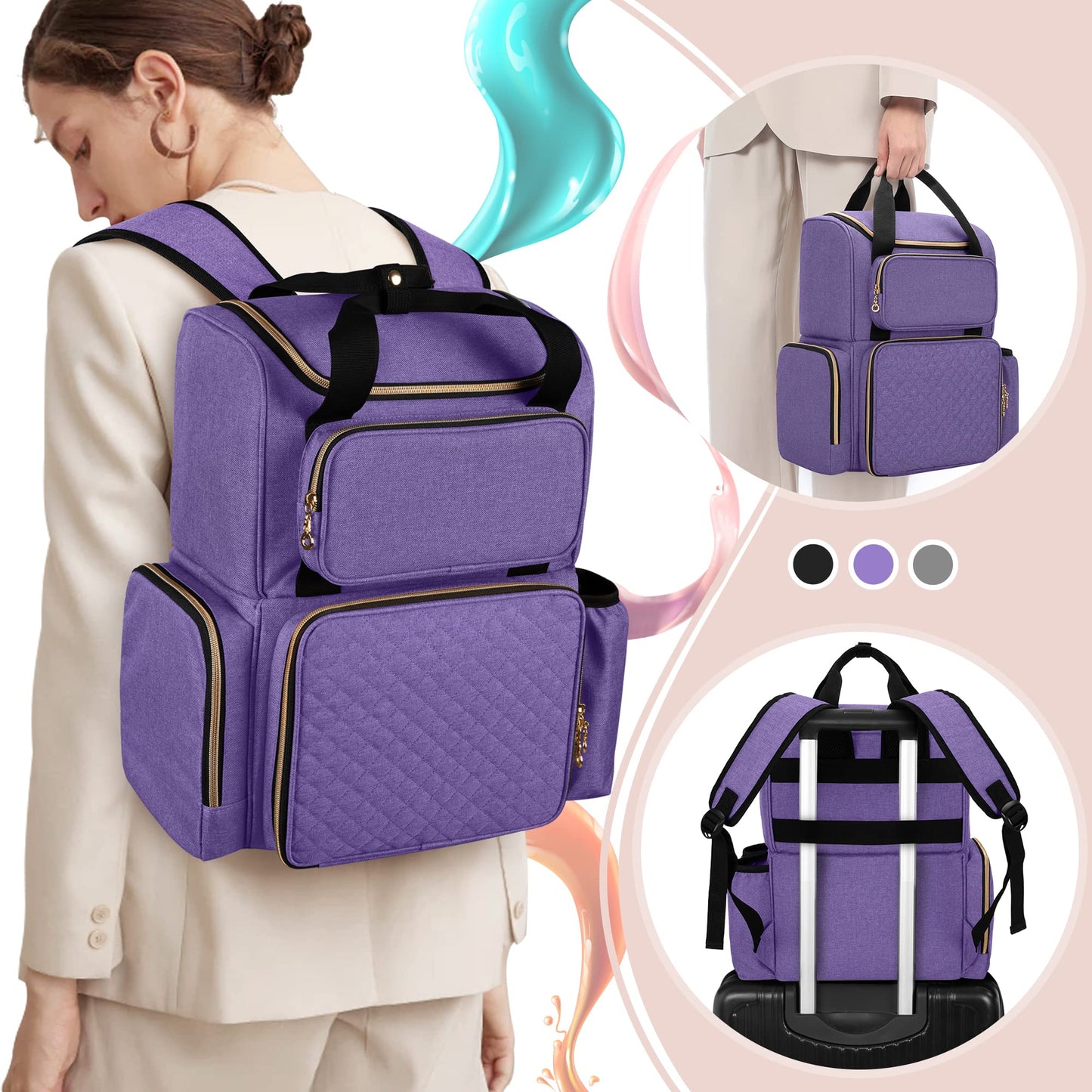 Luxja Nail Polish Organizer (Backpack Version) Holds 70 Bottles and a Nail Lamp, Travel Nail Polish Bag with 2 Removable Cases and Tools Storage Pockets (Patent Pending), Purple