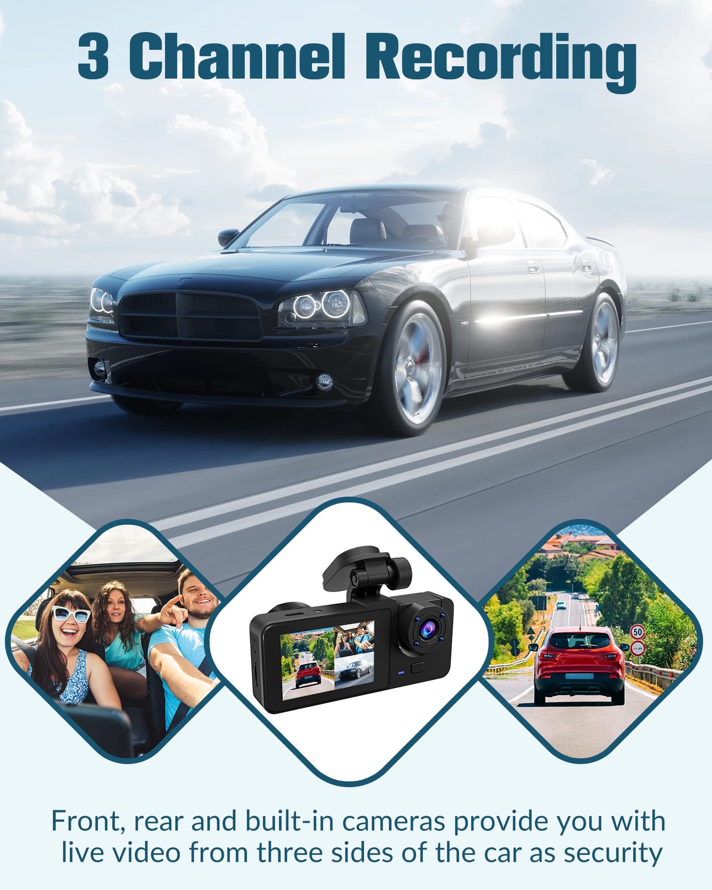 3 Channel Dash Cam,4K+1080P Dash Cam Front and Rear Inside, Dash Camera for Cars, Triple Car Camera with 32GB Card,Built-in G-Sensor, 2’’ IPS Display Car Camera,24Hr Parking,Loop Recording