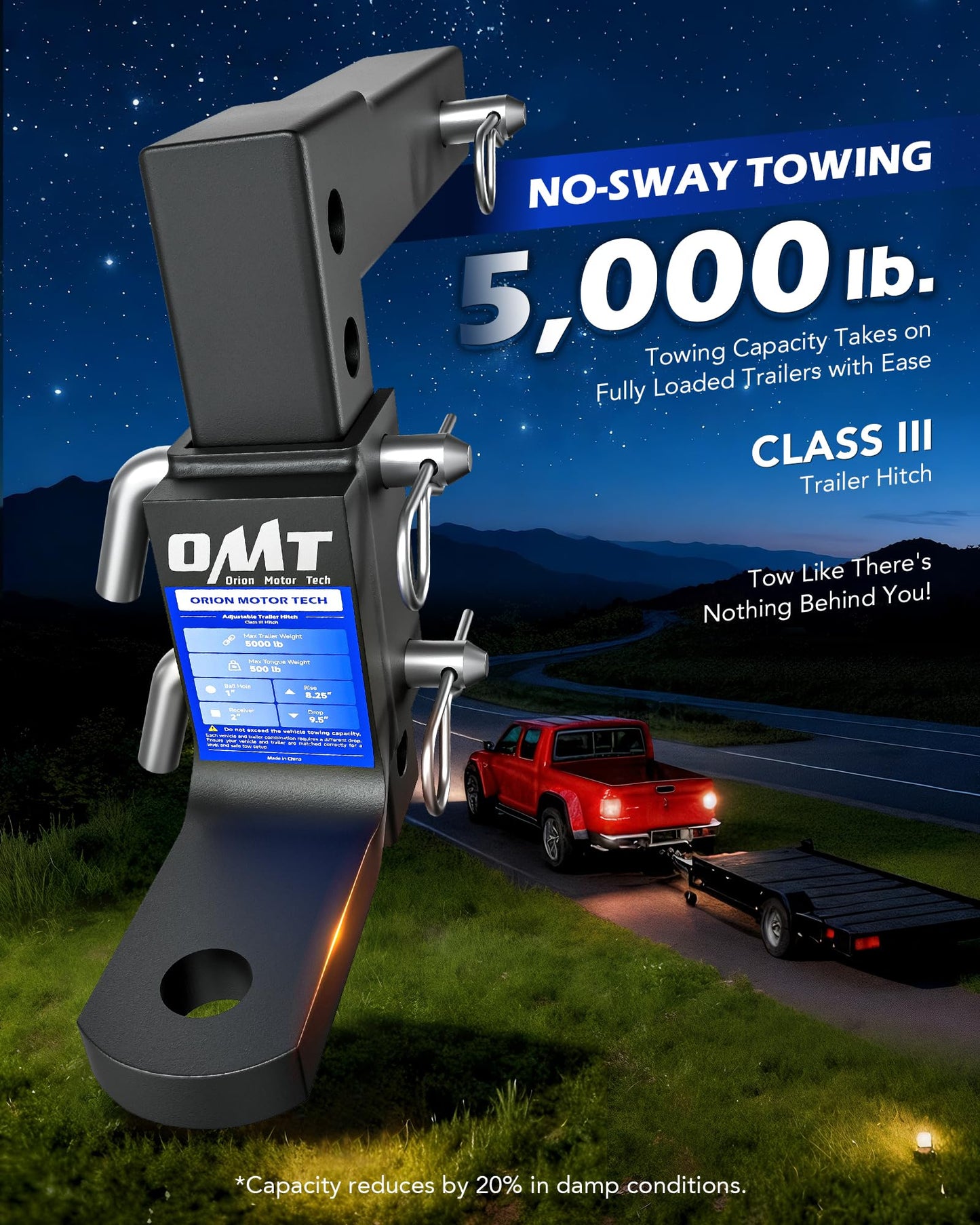 Orion Motor Tech Adjustable Trailer Hitch Ball Mount, 8-Position Tow Hitch for 2" Receiver with 1" Ball Hole 9-1/2" Drop 8-1/4" Rise 5000 lb Capacity, Heavy-Duty Ball Hitch for Truck Boat RV Cargo
