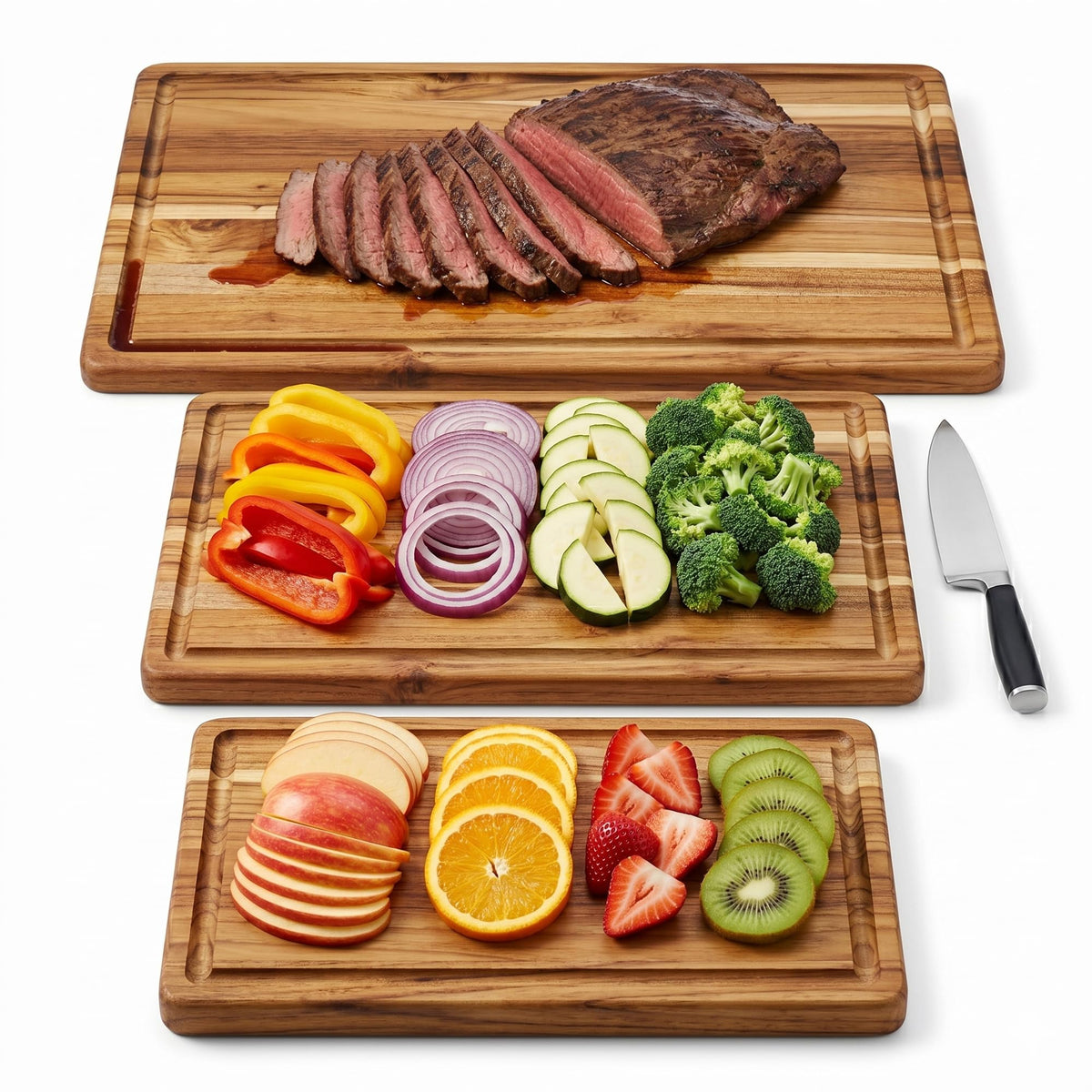 3 Pcs Teak Wood Cutting Board Set with Holder, Reversible Chopping Boards with Deep Juice Groove