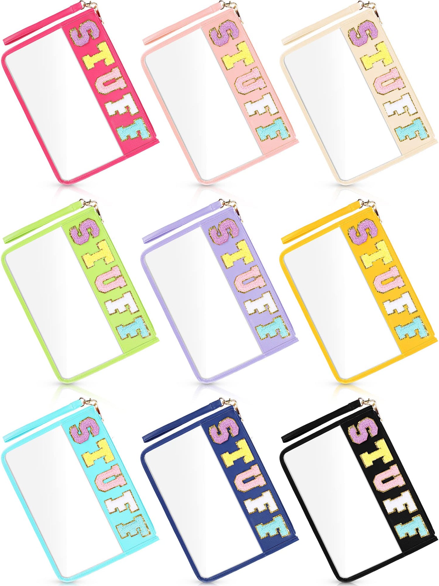 Nuanchu 9 Pcs Clear Chenille Letter Bag Stuff Pouch PVC Waterproof Preppy Cosmetic Makeup Bag Snack Travel Beach Pouch with Wrist let for Teen Women Gifts Operation Christmas Gifts Items