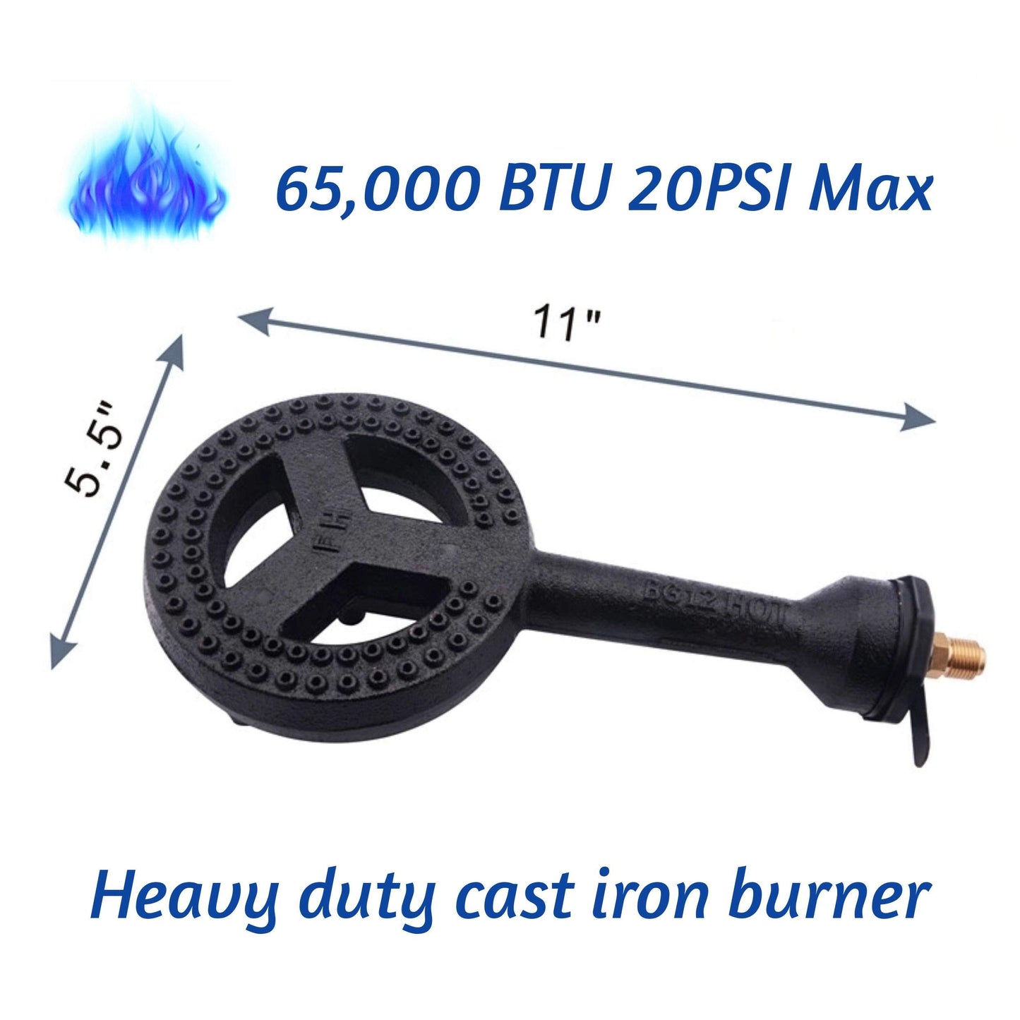 ARC G20S Heavy Duty Cast-Iron Burner Head up to 65,000 BTU, 0-20 PSI High Pressure Adjustable Propane Regulator Hose Set with Tools, Stainless Steel Hose, 5.5" Burner Head