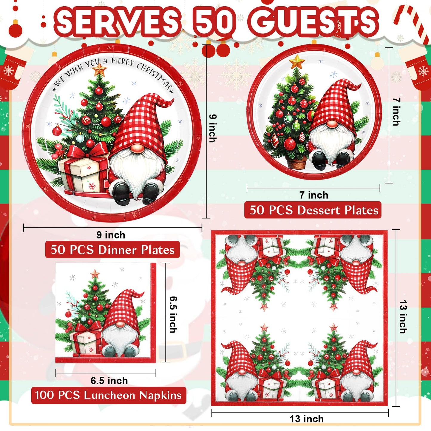 Homlouue 200 PCS Christmas Paper Plates and Napkins Sets, Xmas Tree Gnome Plates and Napkins Disposable, Merry Christmas Disposable Dinnerware Sets, Winter Xmas Party Supplies Decoration, Serve 50