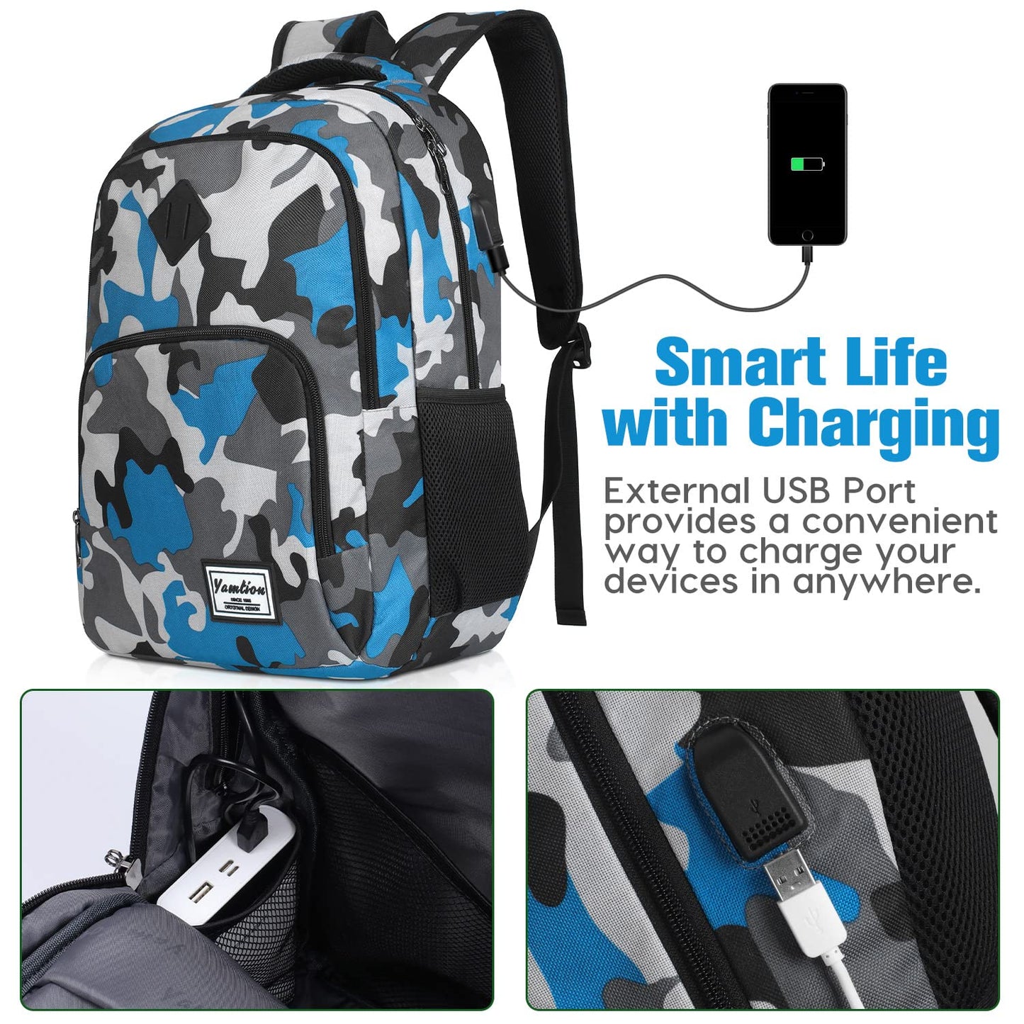 YAMTION 17 Inch School Backpack for Teen Boys,Travel Laptop Bookbag for High School College Backpack with USB,Camouflage Blue