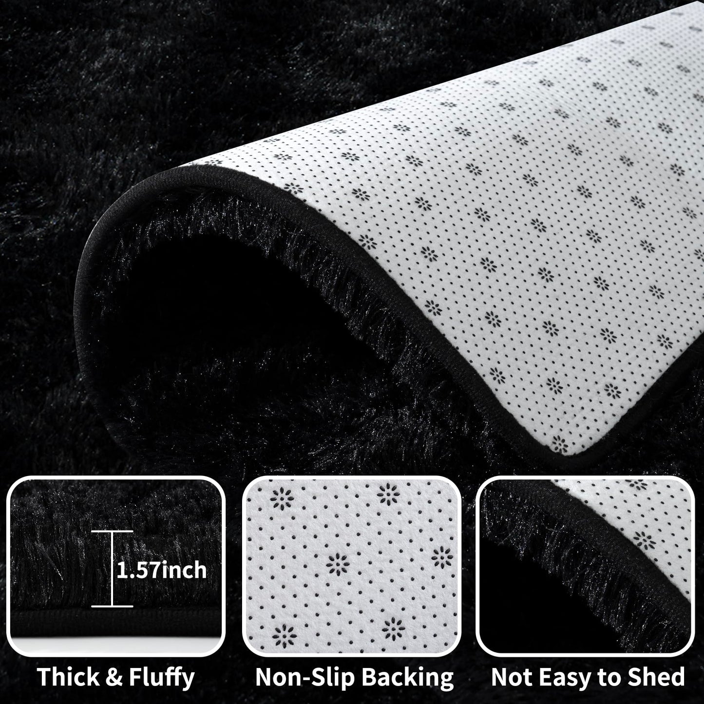 FLCODE Area Rugs for Living Room,4x6 Fluffy Black Rugs for Bedroom,Soft Thick Shag Washable Bedside Throw Carpet for Kids Room,Non-Slip Shaggy Nursery Rug