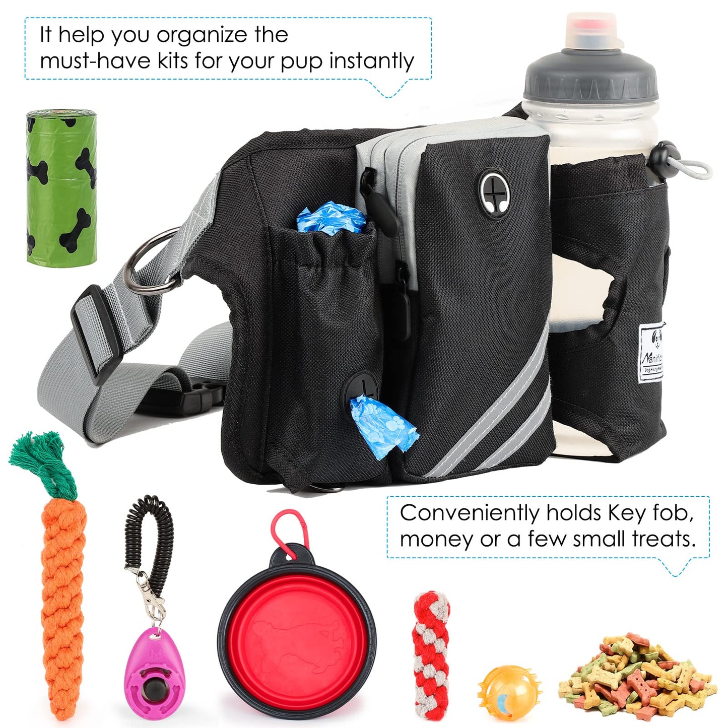 SHINE HAI Retractable Hands Free Dog Leash with Dual Bungees for 2 Dogs, Adjustable Waist Belt Fanny Pack, Reflective Stitching Leash for Running Walking Hiking Jogging Biking Black