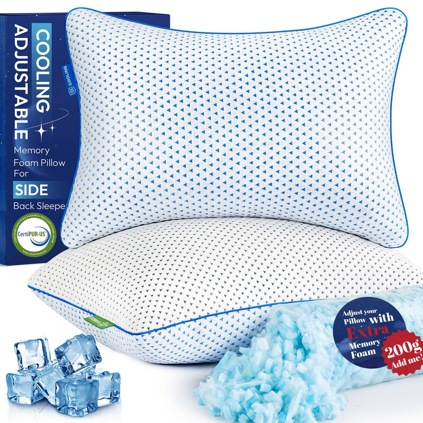 Cooling Gel Memory Foam Pillows Queen Size Set of 2 for Sleeping,Bamboo Rayon Adjustable Firm Shredded Foam Bed Pillows 2 Pack for Side, Back, Stomach Sleepers Luxury Washable Breathable Pillowcase