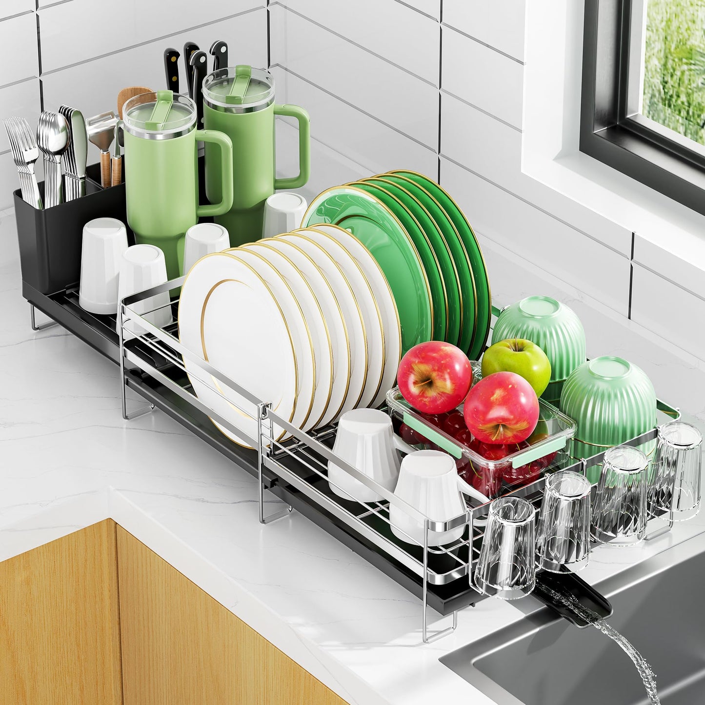 Large Dish Drying Rack, Expandable Dish Rack, Stainless Steel Anti-Rust Dish Racks for Kitchen Counter, Multifunctional Dish Drainer with Utensil Holder & Cup Holder, 13.4"-28.7" L x 11.8" W (1 Tier)