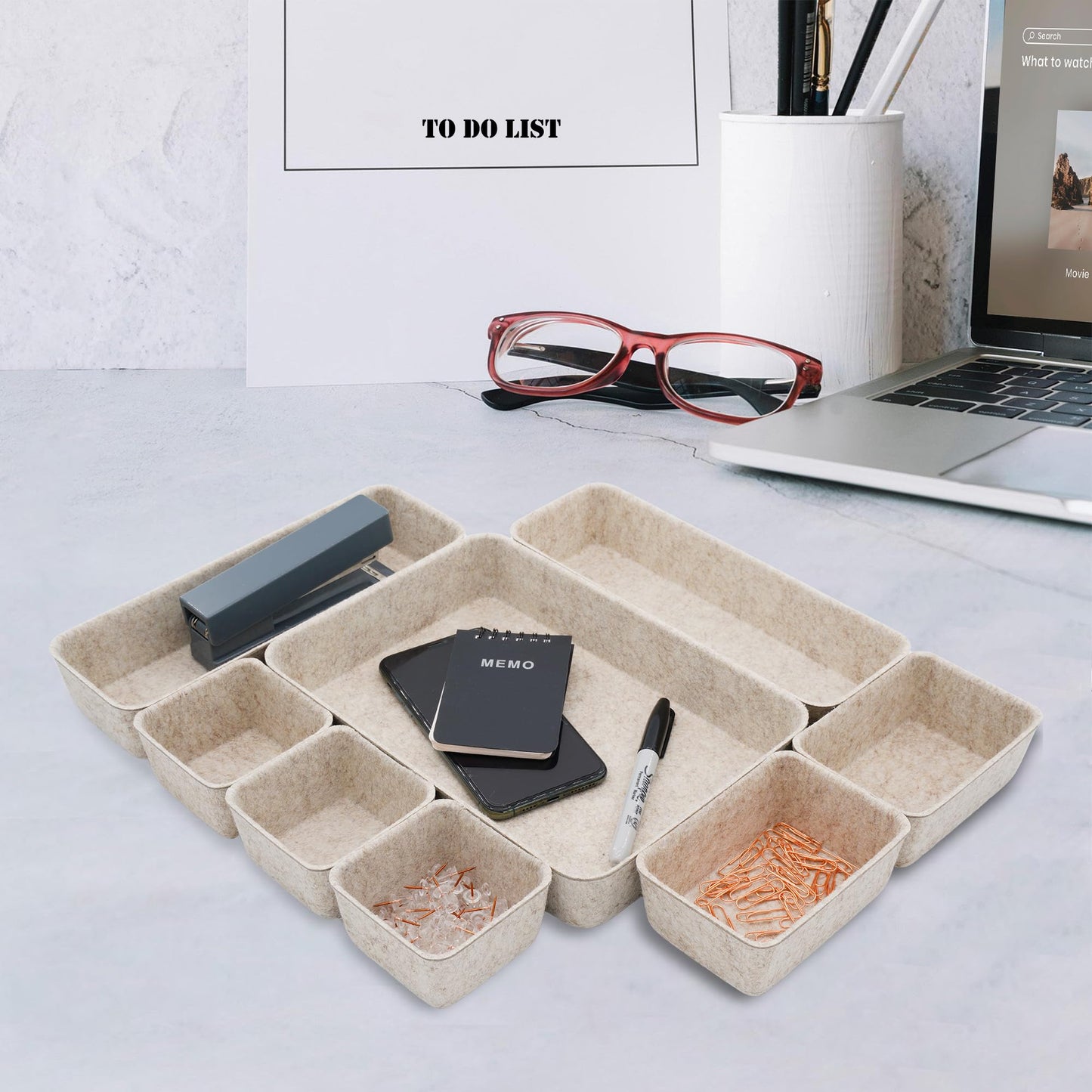 Welaxy 8-piece Nordic Beige desk drawer organizer tray office suppliers pens decluttering aesthetic wabi-sabi Scandinavian-chic storage bin hygge sleek minimalist fall gift (Oatmeal)