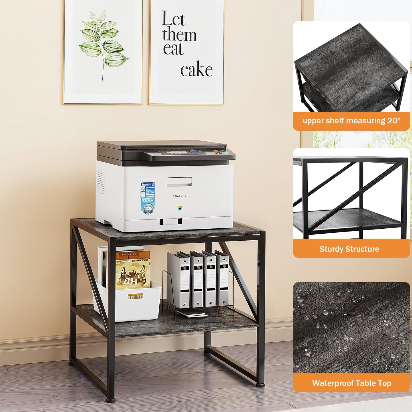 2-Tier Large Priner Stand with Storage Shelf, 20"×20" Under Desk Printer Table for Home Office, End Table for Living Room, Heavy Duty Storage Rack for Scanner Fax Heat Press, Grey Oak