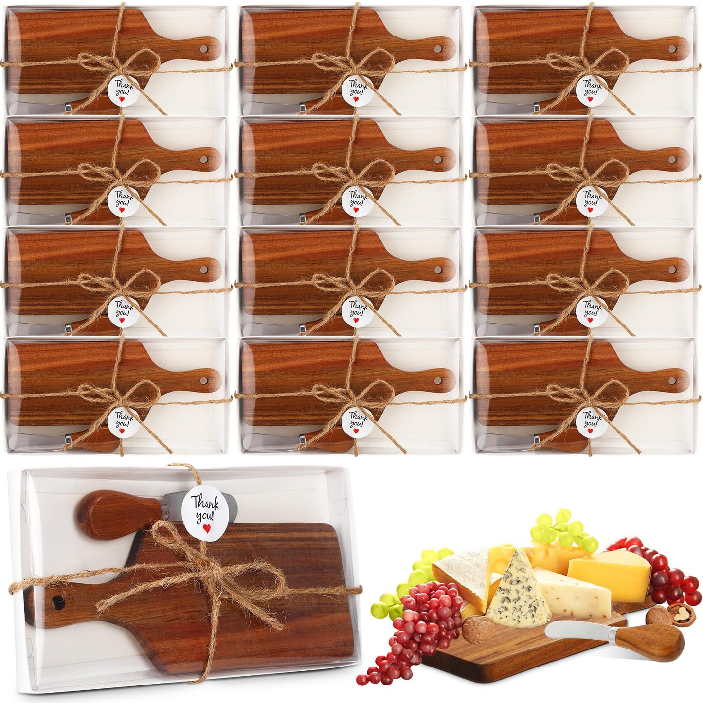 12 Sets Bridal Baby Shower Cheese Prizes Mini Charcuterie Board Set with Knives Wooden Board and Thank You Box Game Gifts for Wedding Party Guests Winners(Acacia Wood)