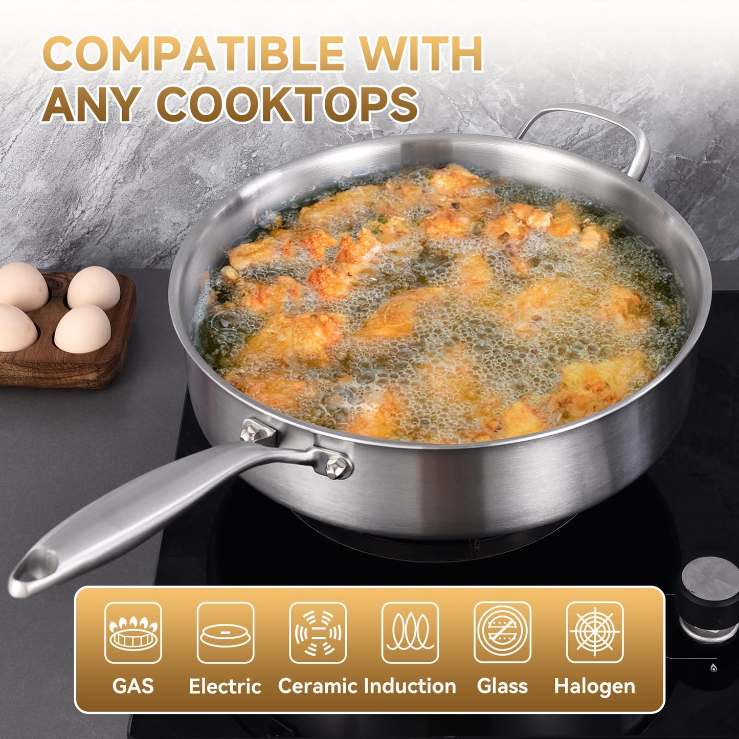 Inqibee Tri-Ply 5.5 Quarts Stainless Steel Sauté Pan with Lid,12 Inch Induction Deep Frying Pan,Large Skillet,Jumbo Cooker,Dishwasher and Oven Safe,Detachable Handle.