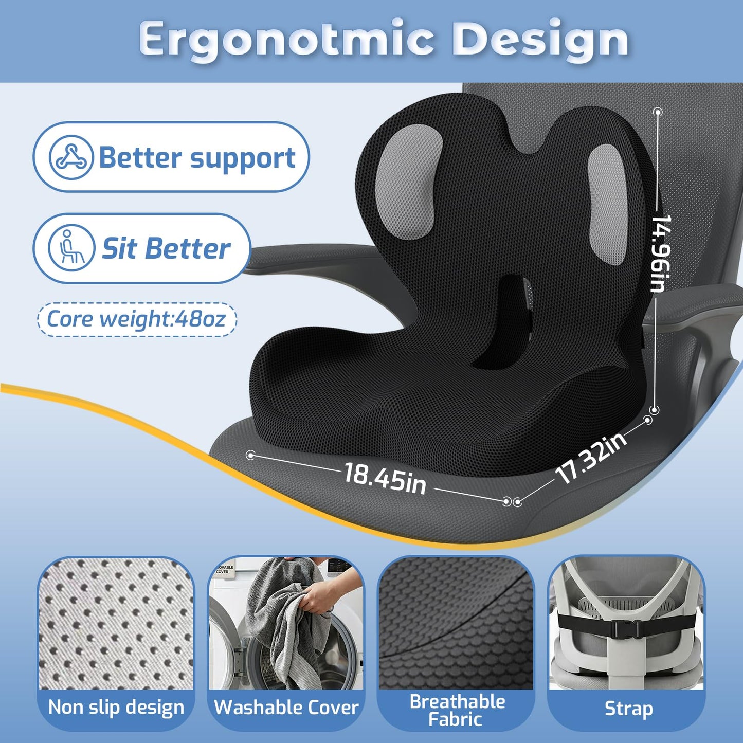 ECONVCE Memory Foam Seat Cushion,Car Chair Cushion with Lumbar Support,Ergonomic Seat Cushion for Sciatica,Back Pressure Pain Relief for Office,Car,Truck