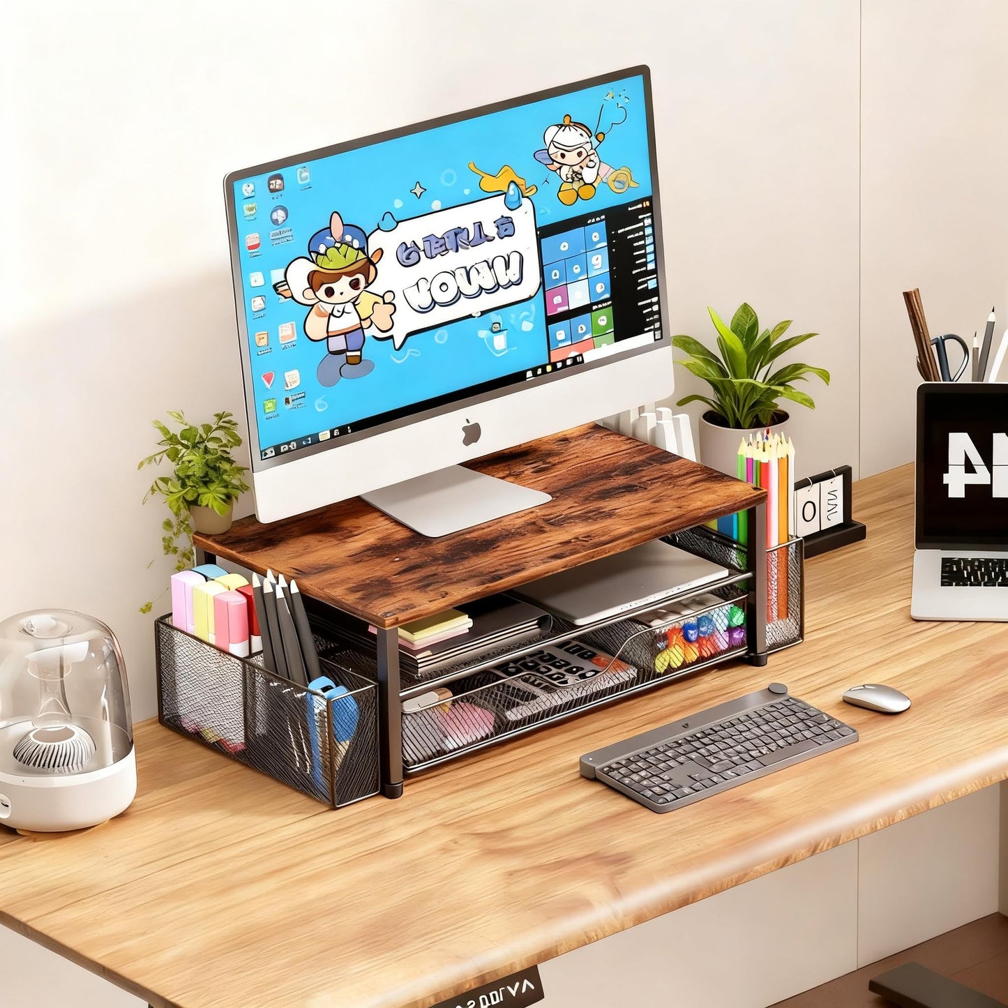 Wood Monitor Stand with Drawer & 2 Pen Holders | 2-Tier Desktop Monitor Riser & Desk Organizer for Computer, Laptop | Desktop Stand for Home Office Accessories (Brown)