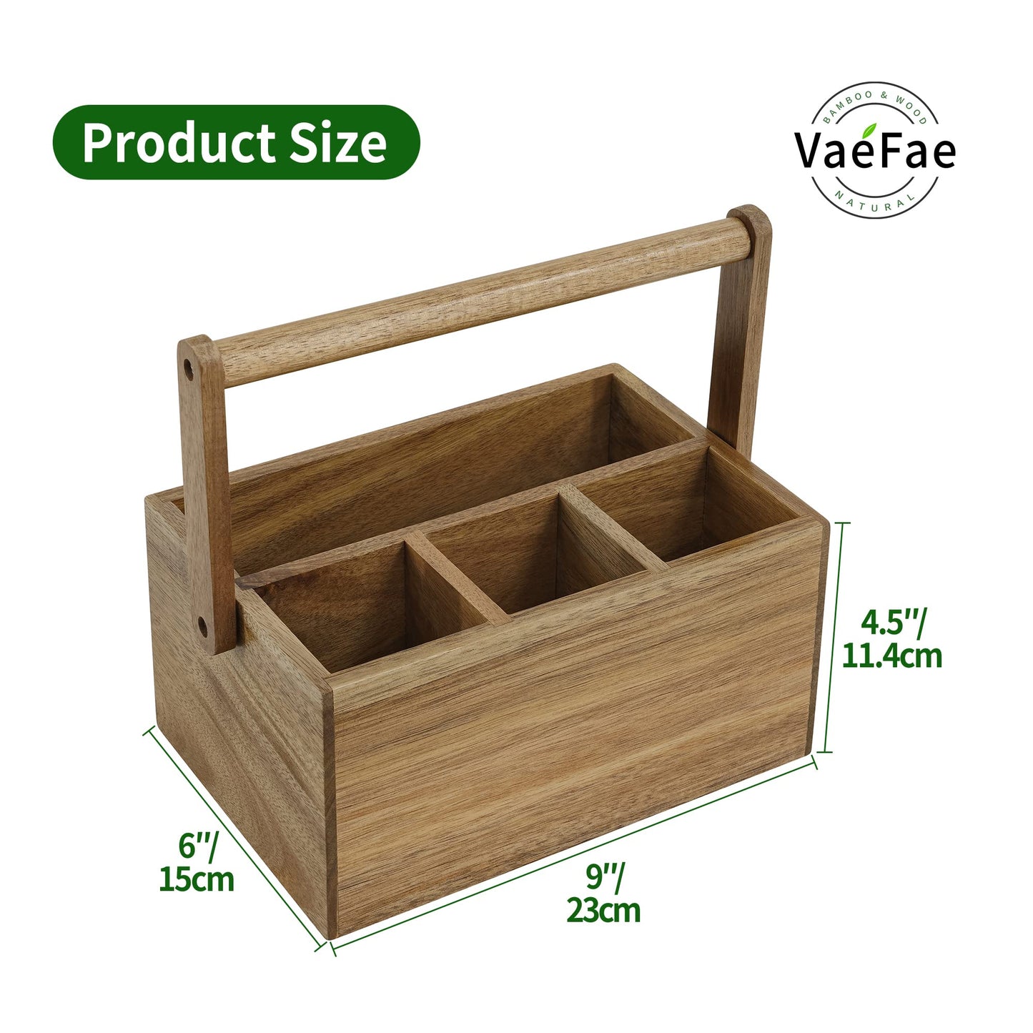 VaeFae Acacia Cutlery Caddy with Handle, Wooden Utensil Holder, Mulip-pose Organizer for Kitchen, Office, Bathroom, Bedroom