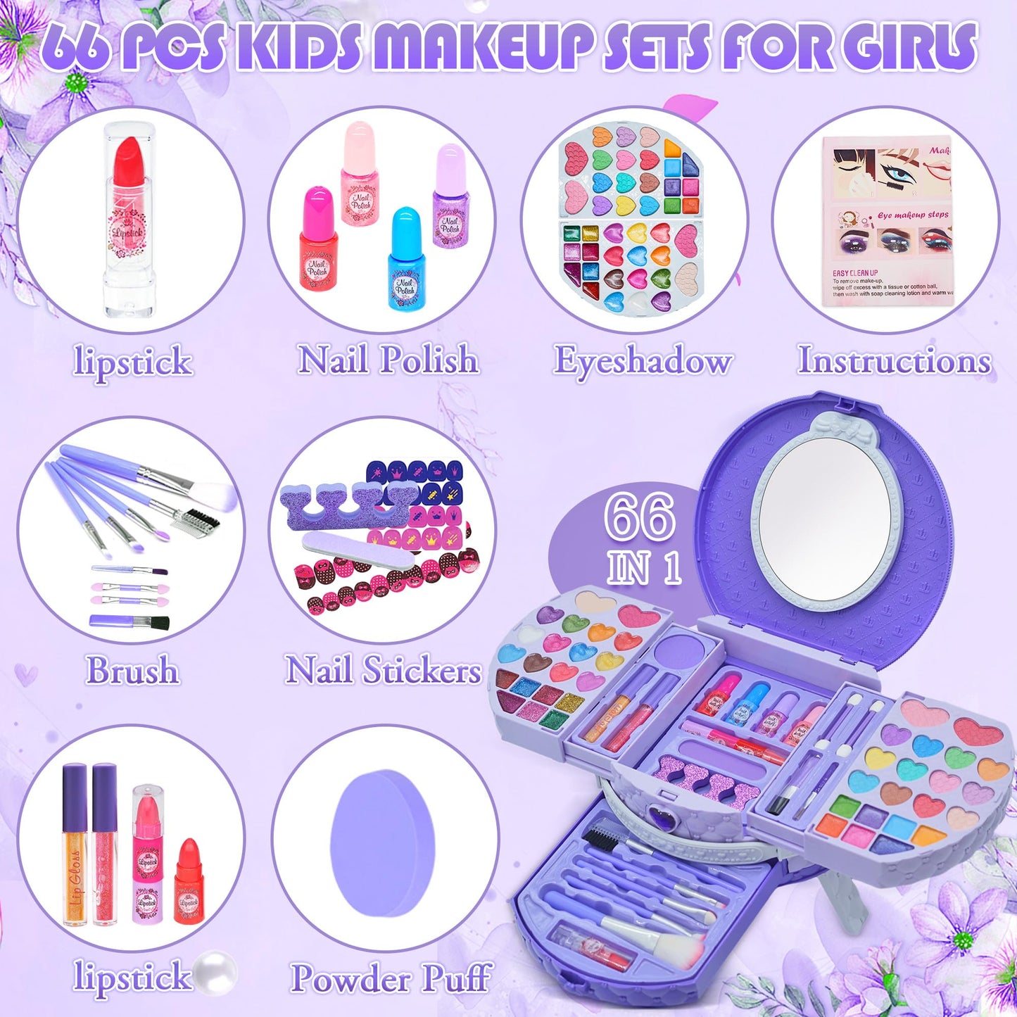 Kids Makeup Kit for Girl - 66 PCS Makeup for Kids with Dresser Vanity Case, Washable and Safe Girls Makeup Sets Ages 3-12, Christmas Birthday Gifts Toys for 4 5 6 7 8 9 Year Old Girl(Purple)