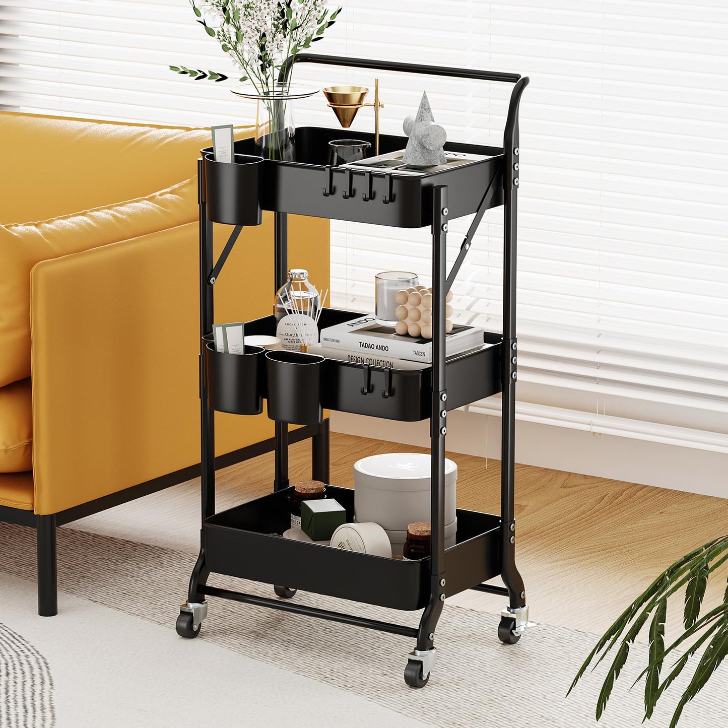Amatic 3-Tier Folding Rolling Utility Cart with Wheels, Foldable Storage Cart Organizer with 3 Hanging Cups & 6 Hooks for Kitchen, Office, Living Room, Nursery(Black)