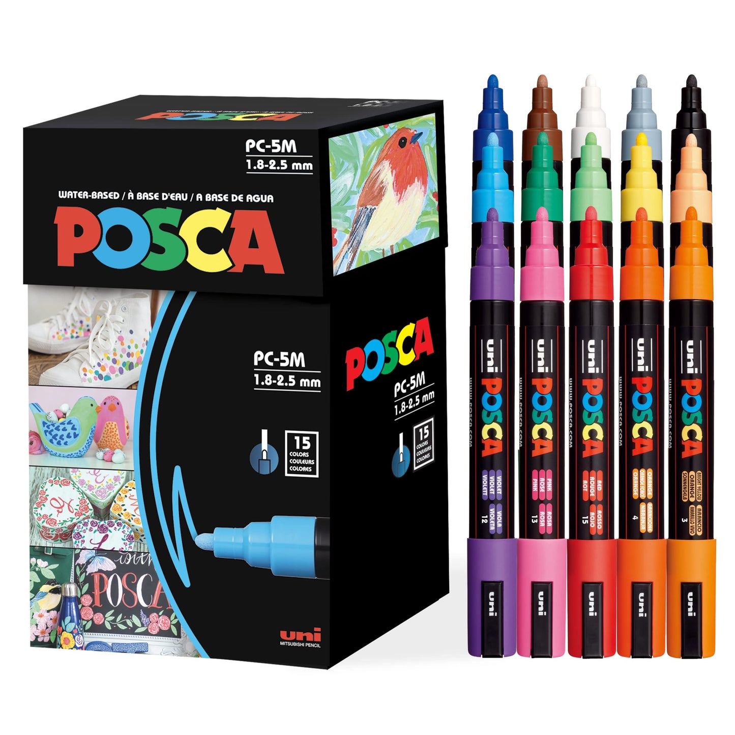 Posca Paint Art Markers, Set of 15 5M Medium Acrylic Markers with Reversible Tips, Artist Recommended Paint Pens for Gifts, Decorations, Fabric, Metal, Glass, Wood and Canvas