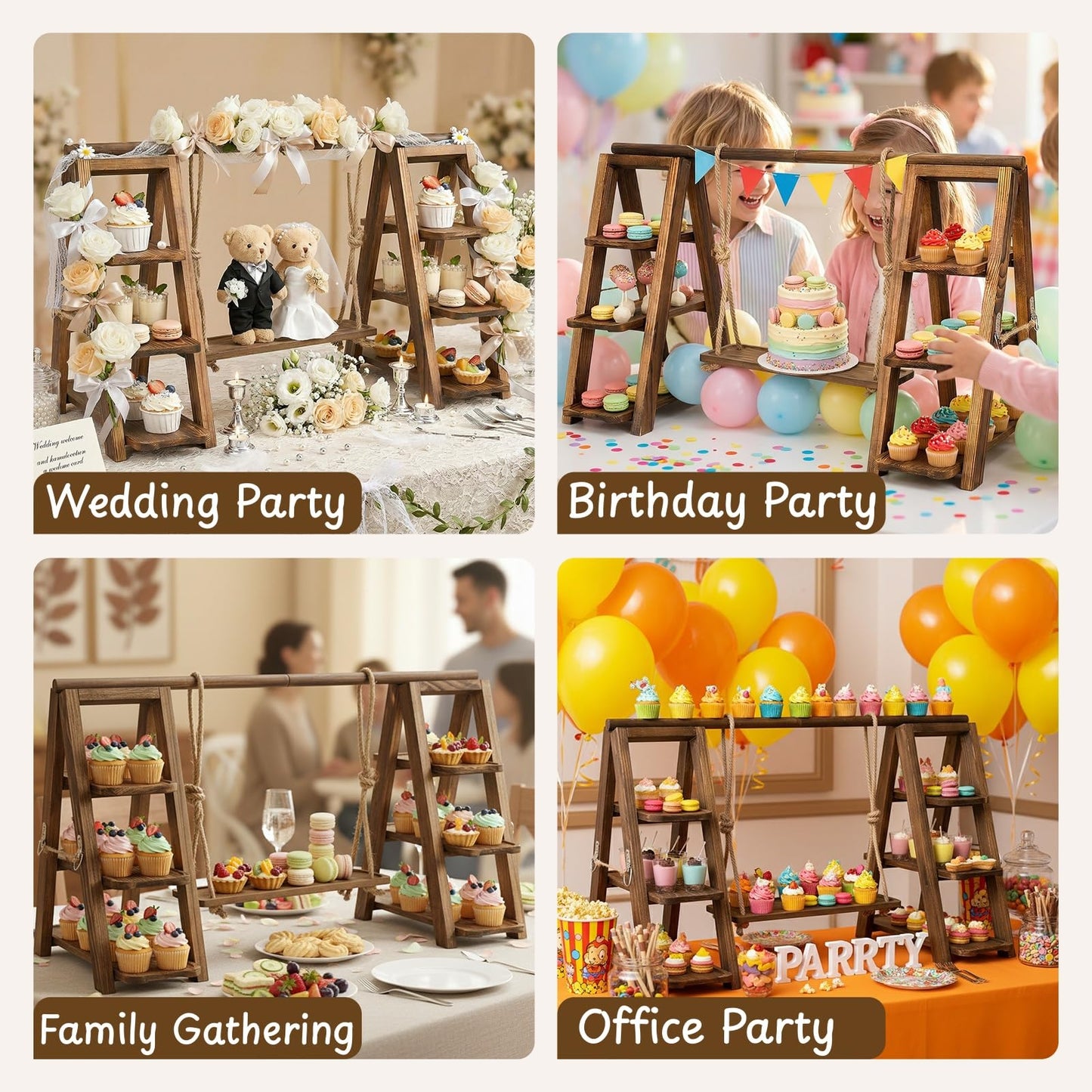 bimiti Wooden Double Dessert Table Display Set Rack 3 Tier Serving Tray Solid Wood Ladder Stand Wedding Cupcake Stand Dark Walnut Decorative Tray for Cake Snack Fruit Chips Bread Centerpieces