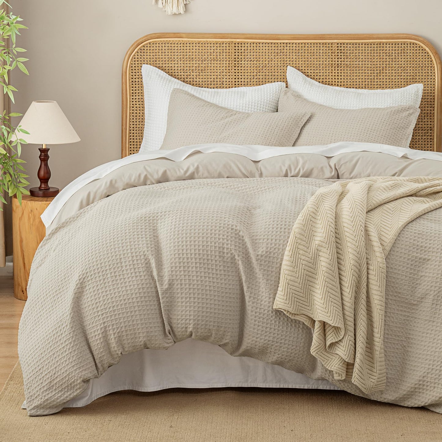David's Home Waffle Weave Duvet Cover Set Queen Size,Soft Breathable 3pcs Comforter Cover Set with 2 Pillowcases,Textured Home Decor Bedding Set Cozy for All Seasons, Nature 90"×90",No Comforter