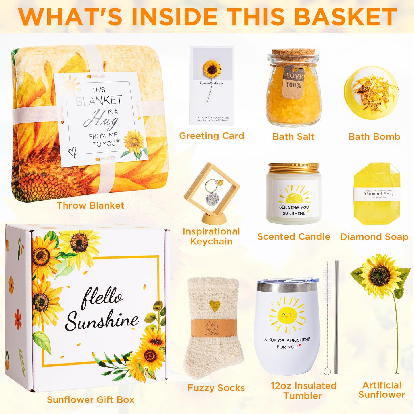 Sunflower Gifts Basket for Women,Sending Sunshine Relaxation Birthday Box,Unique Thank You Self Care Package Get Well Inspirational Spa Gift Basket W/Blanket for Mom Grandma Wife Friends Sister