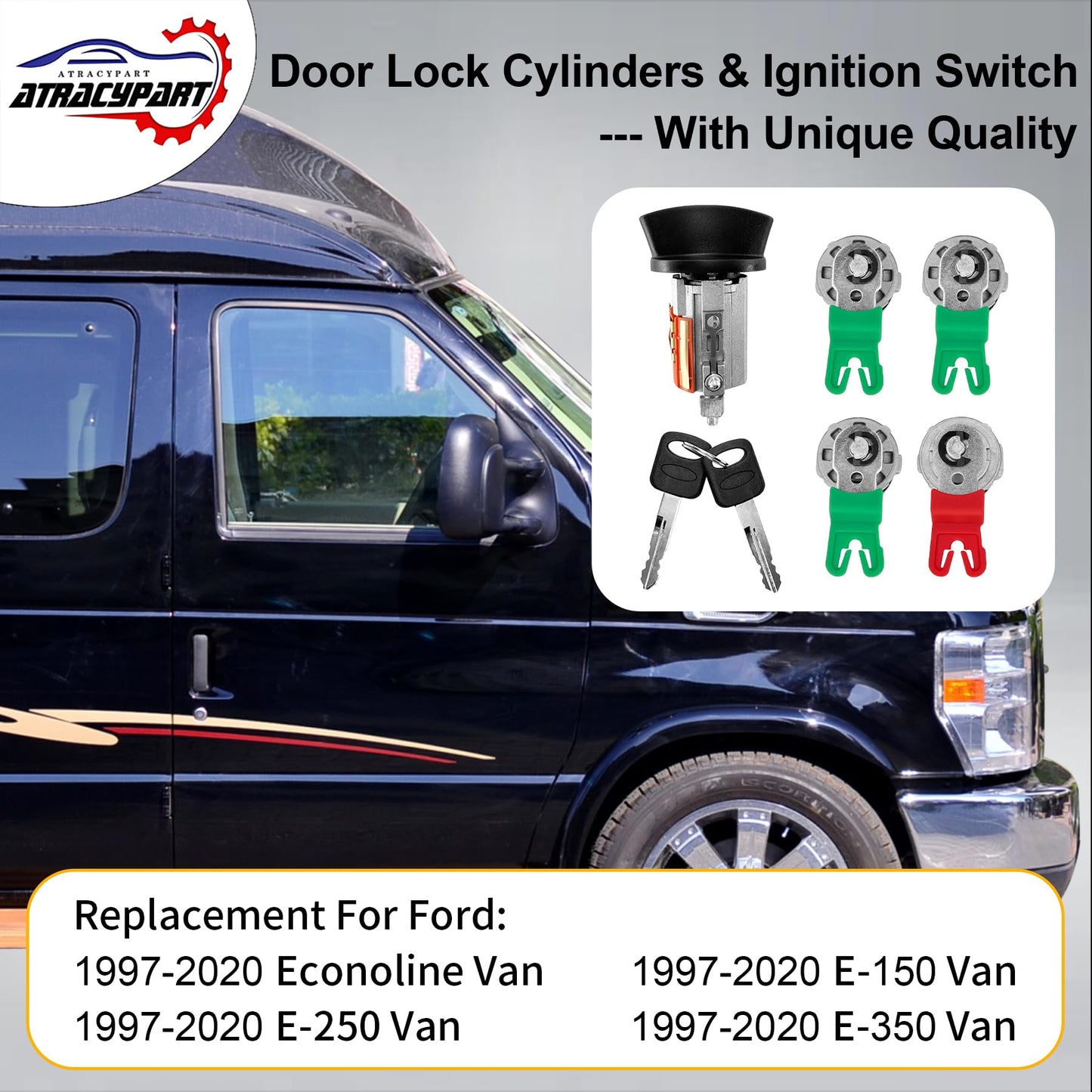 Door Lock Cylinders & Ignition Switch with Keys | Replacement for 1997-2018 Ford Econoline, E-150, E-250 & E-350 Van | Replace#: 703369, 597638, 707624, DL5886